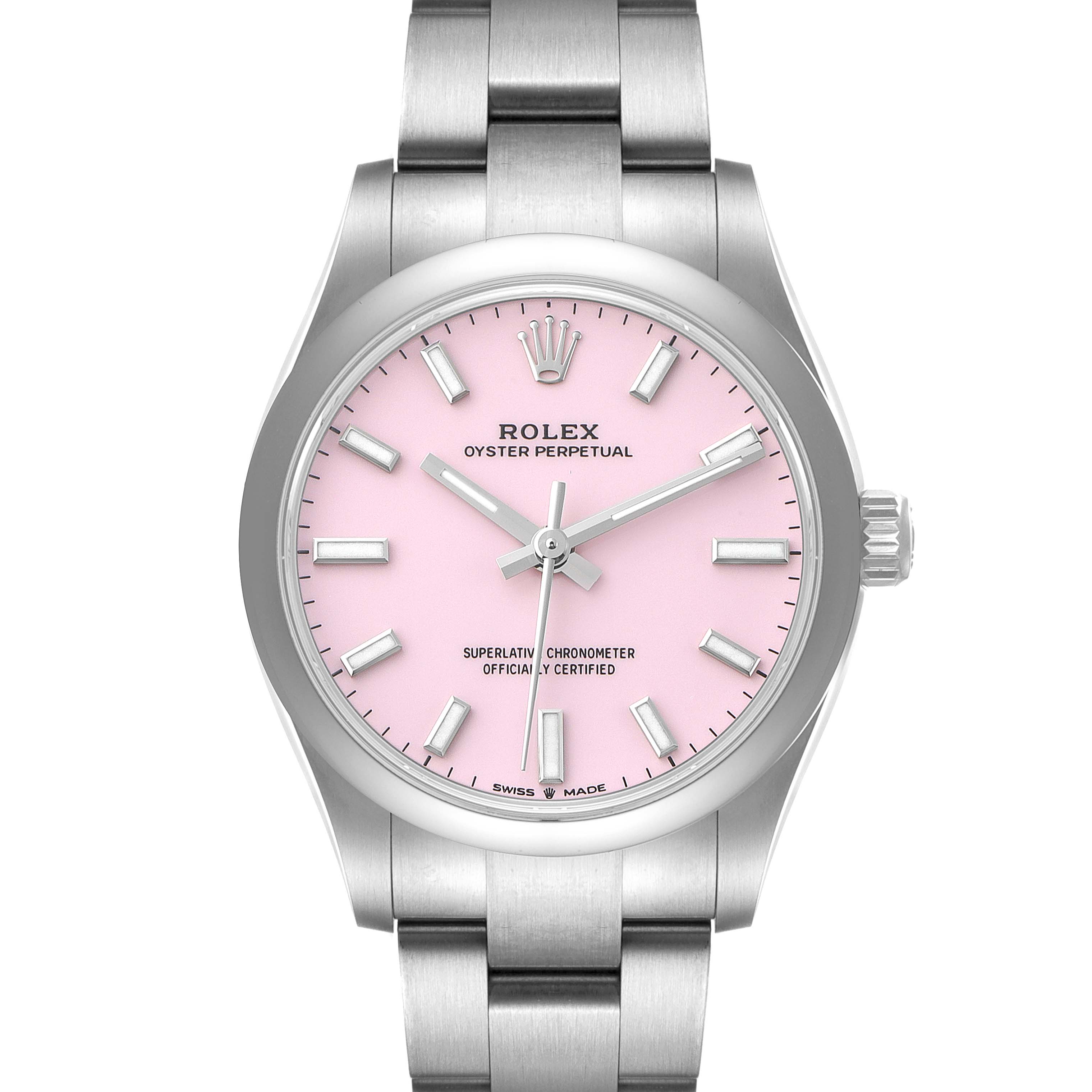This Rolex Oyster Perpetual Mid-Size watch is shown from the front, displaying its pink dial and stainless steel bracelet.