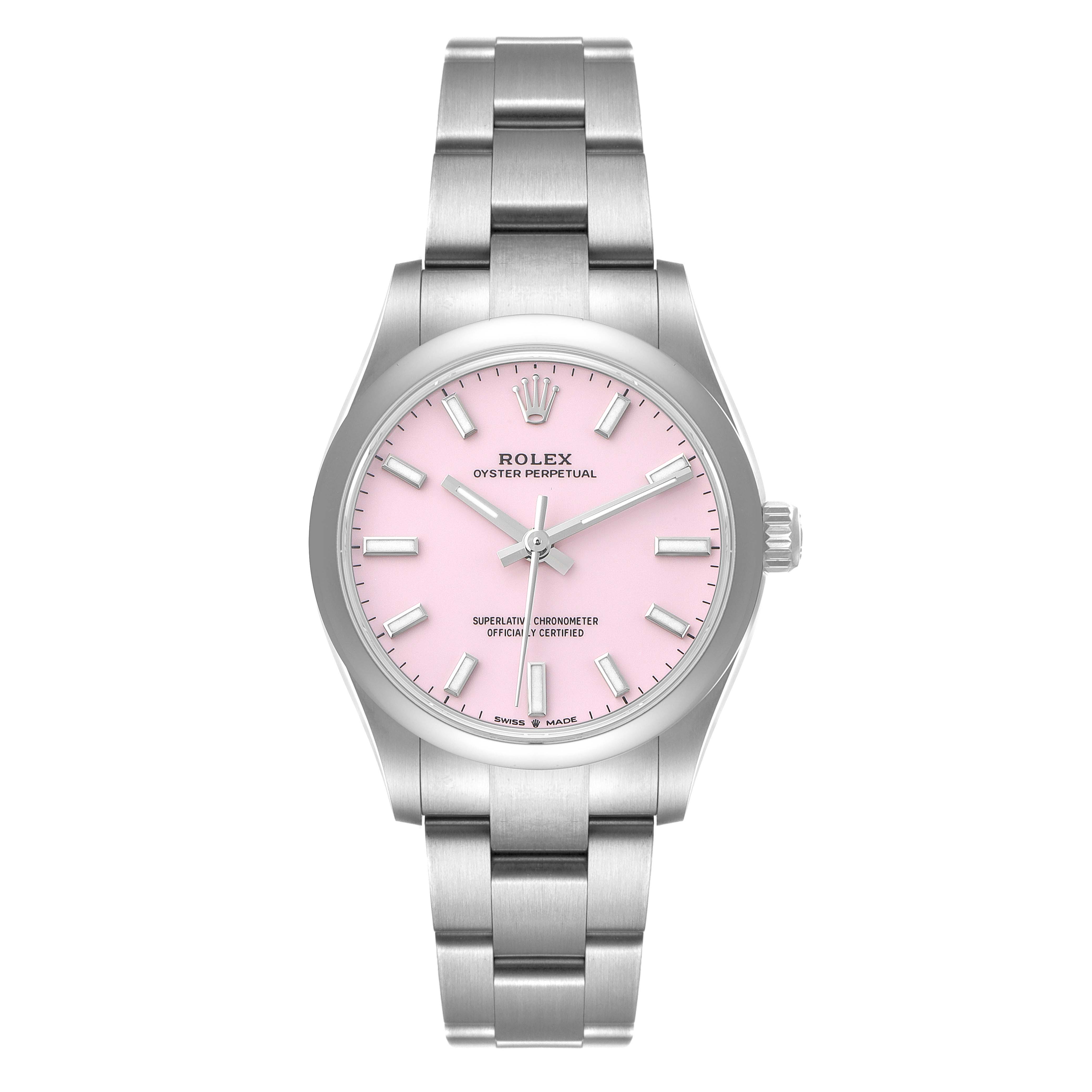 This Rolex Mid-Size 277200 Women's Stainless Steel Pink Dial 277200 Women's Stainless Steel Pink Dial watch is shown in a front-facing angle, displaying the pink dial, hands, markers, and stainless steel bracelet.