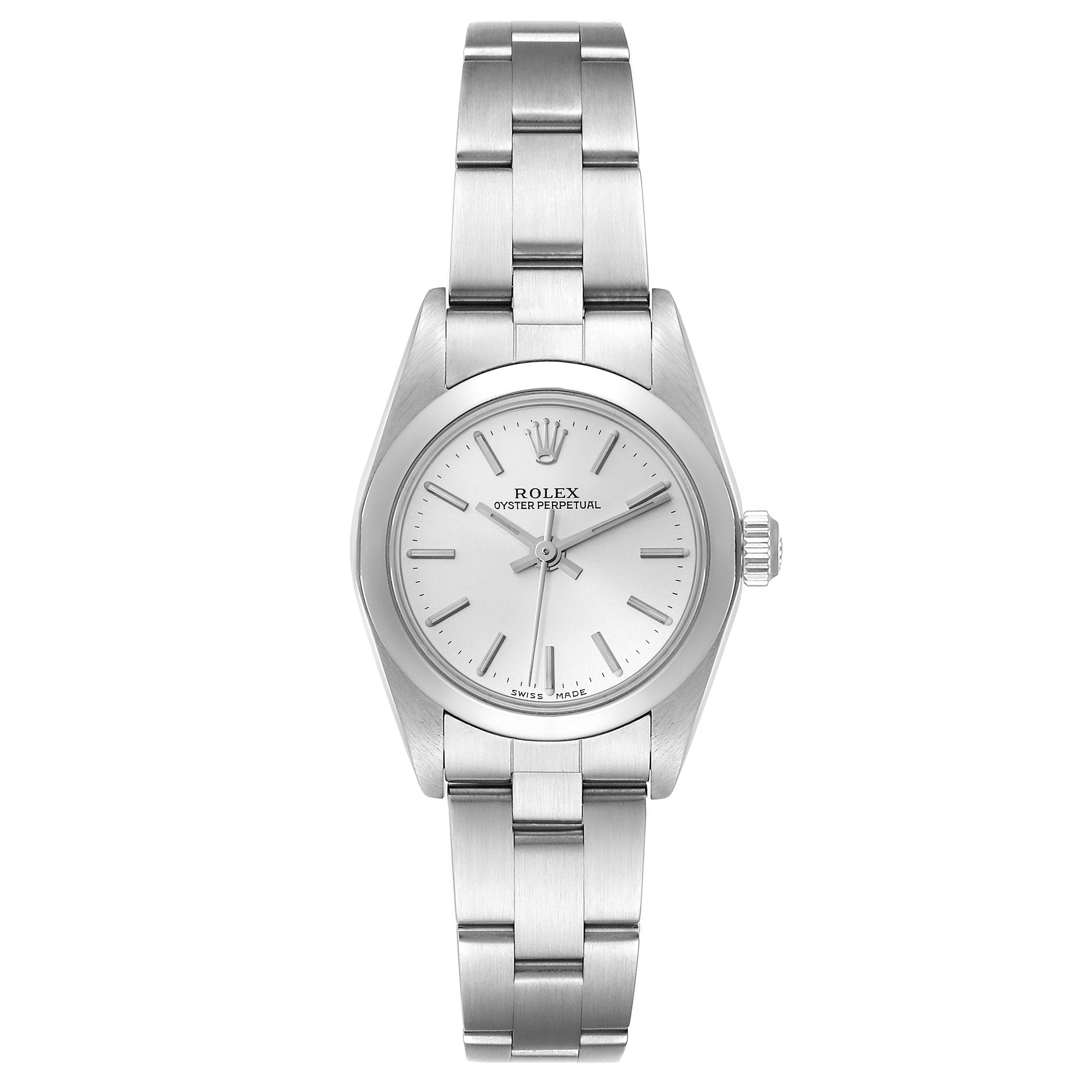 The image shows a front view of the Rolex Oyster Perpetual 76080 Women's Stainless Steel Silver Dial 76080 Women's Stainless Steel Silver Dial watch, displaying its dial, bezel, and bracelet.