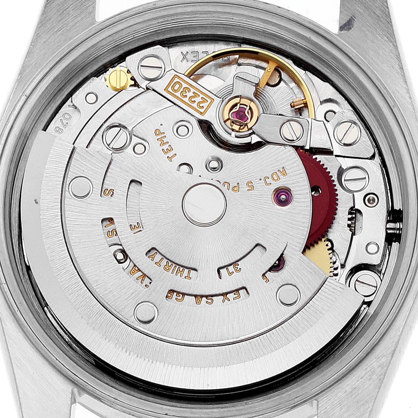 This image shows the inner mechanism of a Rolex Oyster Perpetual 76080 Women's Stainless Steel Silver Dial 76080 Women's Stainless Steel Silver Dial watch at a close-up angle.