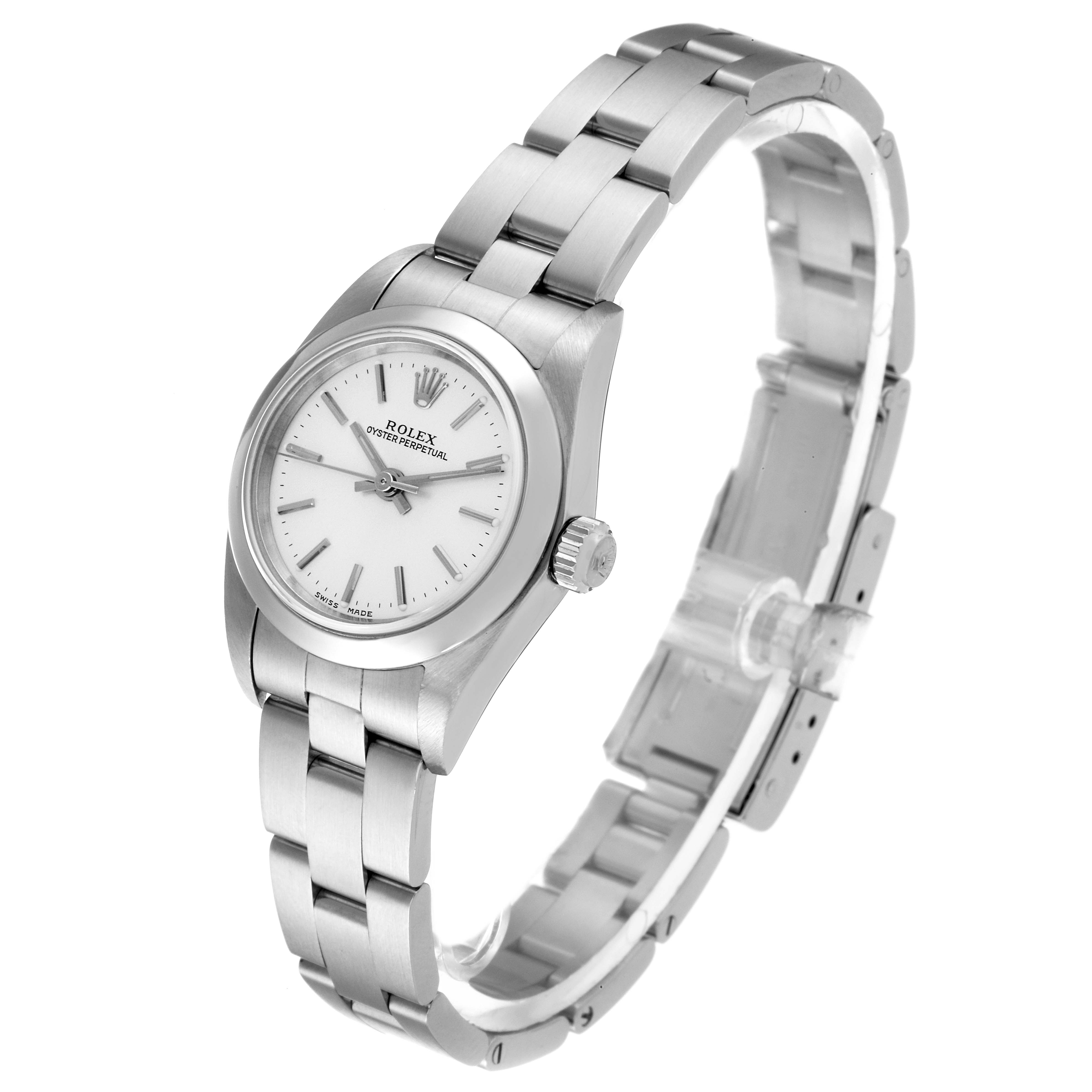 The image shows a Rolex Oyster Perpetual 76080 Women's Stainless Steel Silver Dial 76080 Women's Stainless Steel Silver Dial watch at a three-quarter angle, displaying the face, crown, and bracelet.
