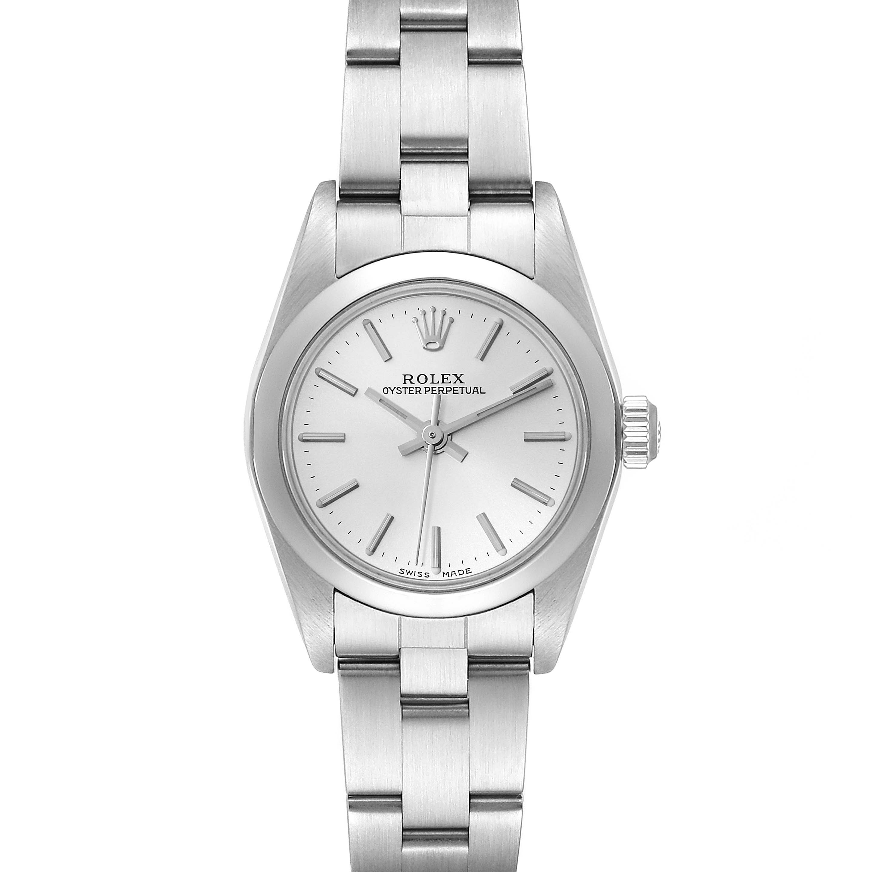This image shows a front view of a Rolex Oyster Perpetual 76080 Women's Stainless Steel Silver Dial 76080 Women's Stainless Steel Silver Dial watch, displaying the face, bezel, crown, and metal bracelet.
