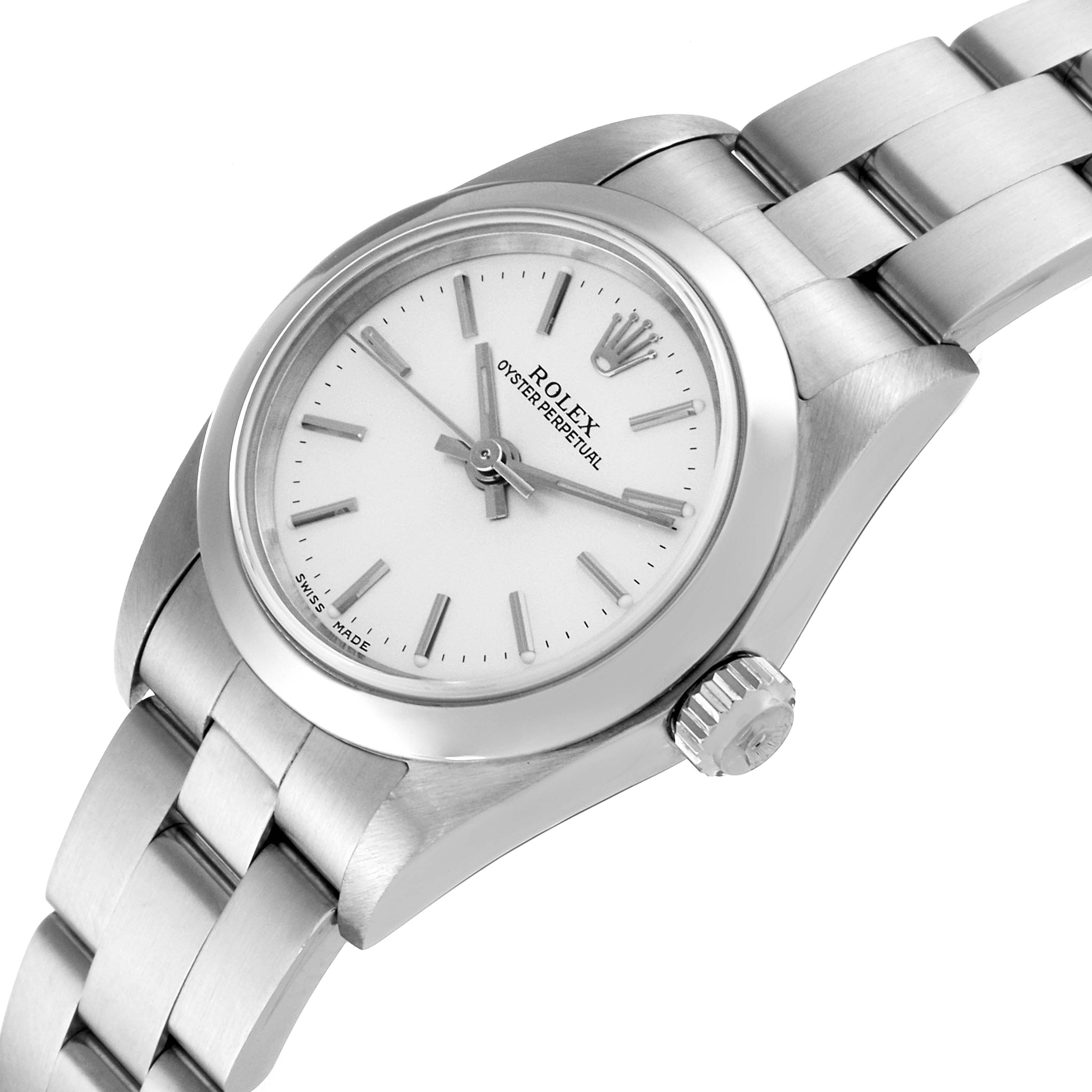 The image shows a Rolex Oyster Perpetual 76080 Women's Stainless Steel Silver Dial 76080 Women's Stainless Steel Silver Dial watch at an angled view, highlighting the dial, crown, case, and part of the bracelet.
