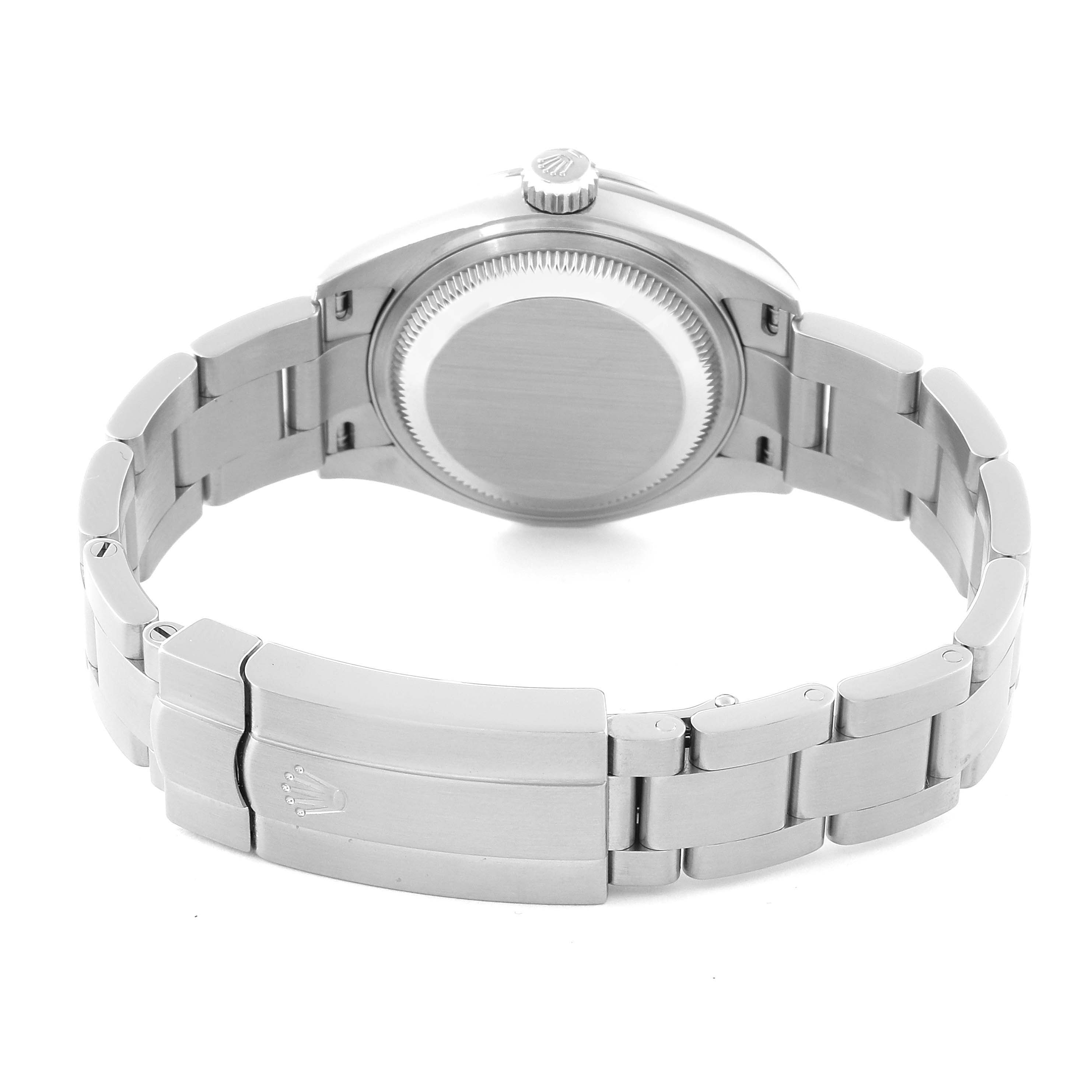 The image shows the back case and bracelet of a Rolex Oyster Perpetual 276200 Women's Stainless Steel Pink Dial 276200 Women's Stainless Steel Pink Dial watch from a rear angle.