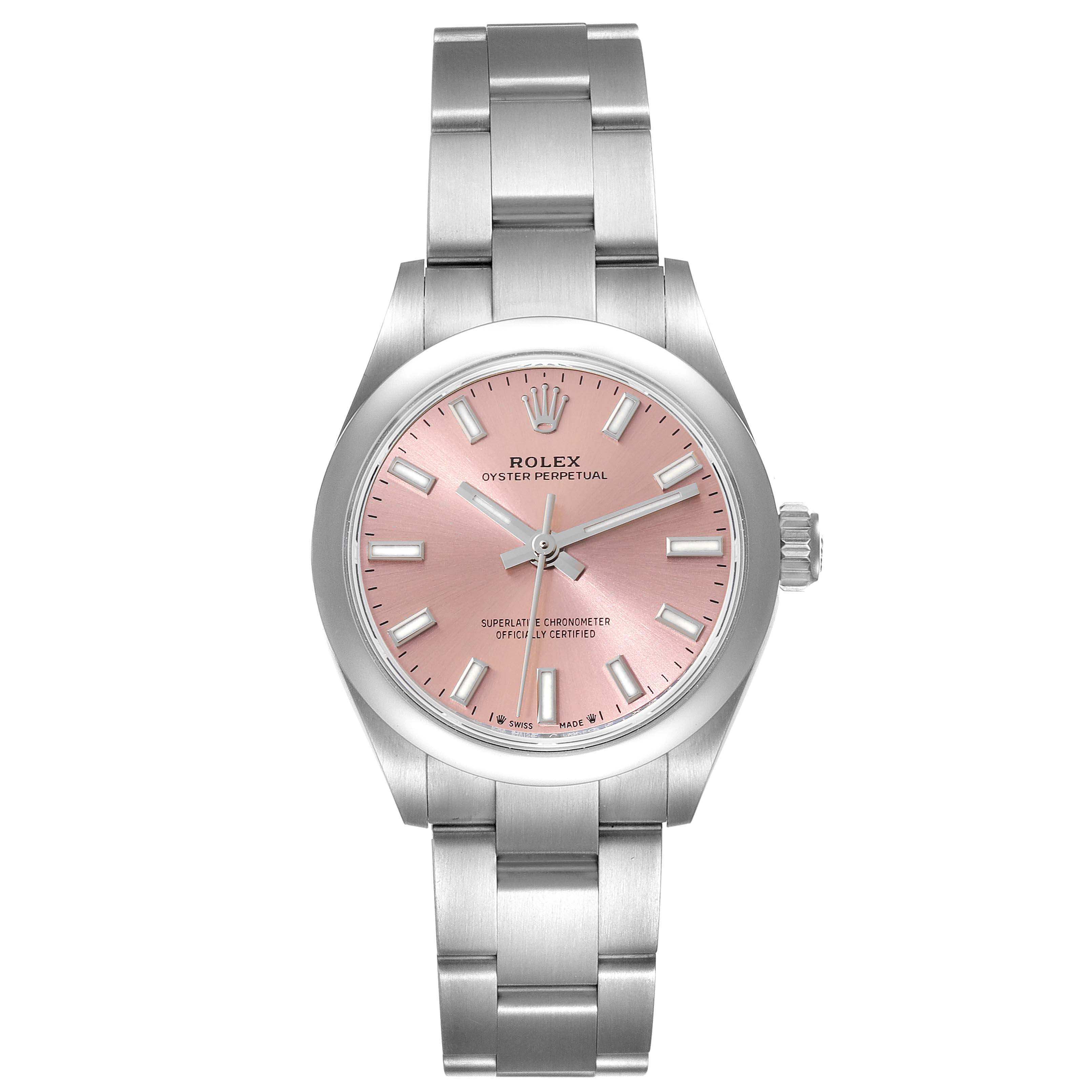 The image shows a front view of a Rolex Oyster Perpetual 276200 Women's Stainless Steel Pink Dial 276200 Women's Stainless Steel Pink Dial watch with a pink dial and stainless steel bracelet.