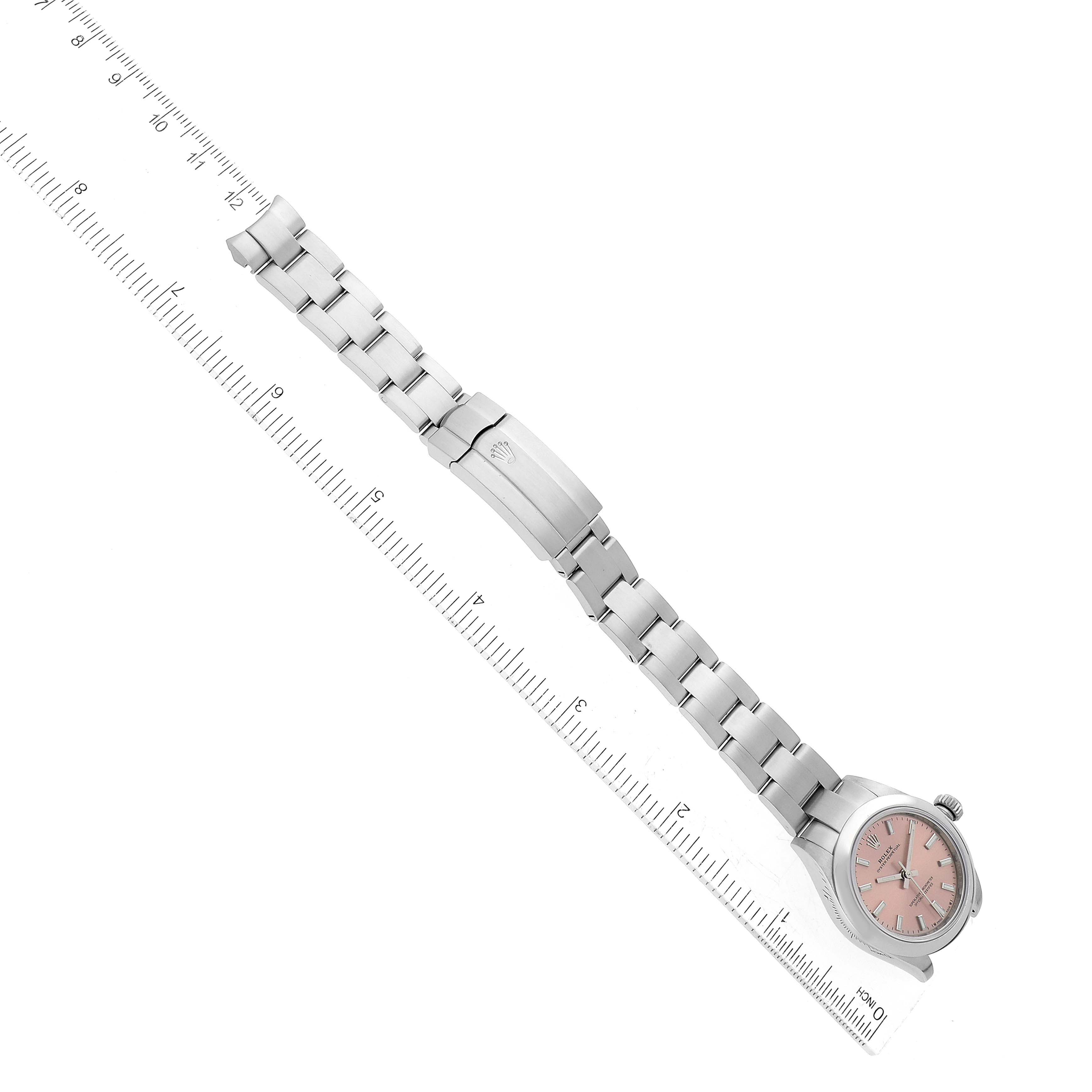The Rolex Oyster Perpetual 276200 Women's Stainless Steel Pink Dial 276200 Women's Stainless Steel Pink Dial watch is shown from a top-down perspective, displaying the full watch along with the dial and bracelet.