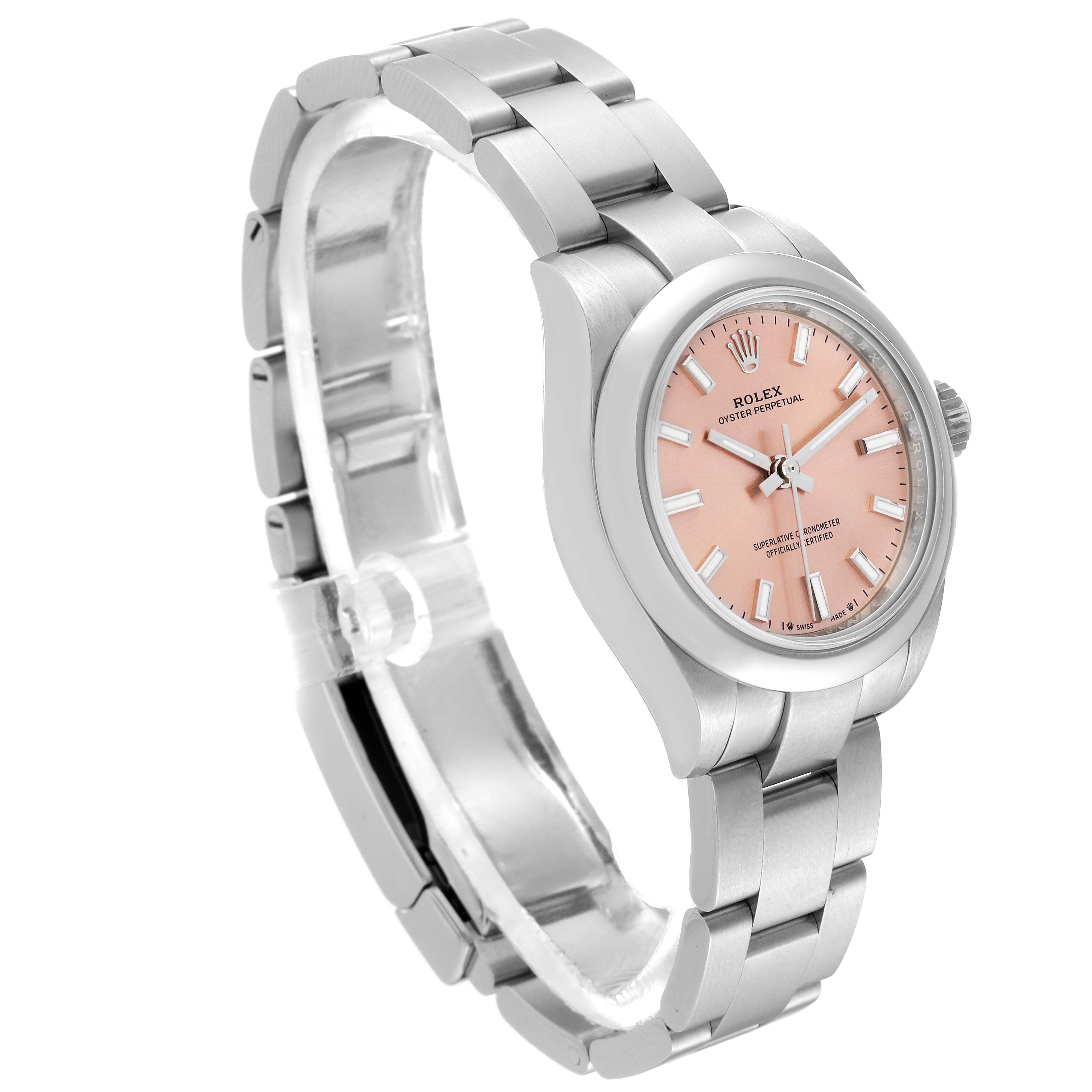 This Rolex Oyster Perpetual 276200 Women's Stainless Steel Pink Dial 276200 Women's Stainless Steel Pink Dial watch is shown at an oblique angle, displaying the face, bezel, and part of the bracelet.
