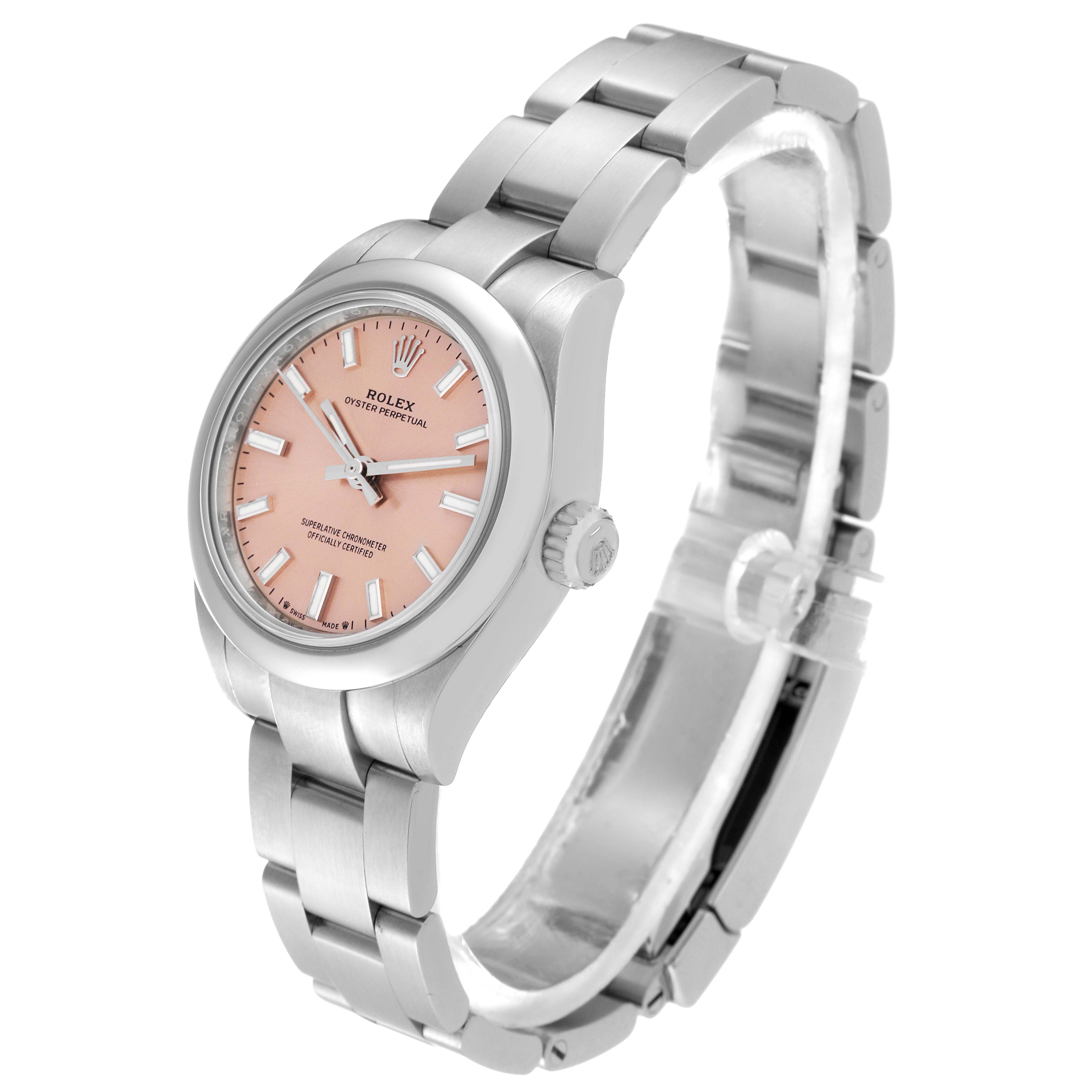 This image shows a Rolex Oyster Perpetual 276200 Women's Stainless Steel Pink Dial 276200 Women's Stainless Steel Pink Dial watch at a slight angle, highlighting its dial, bezel, crown, and bracelet.