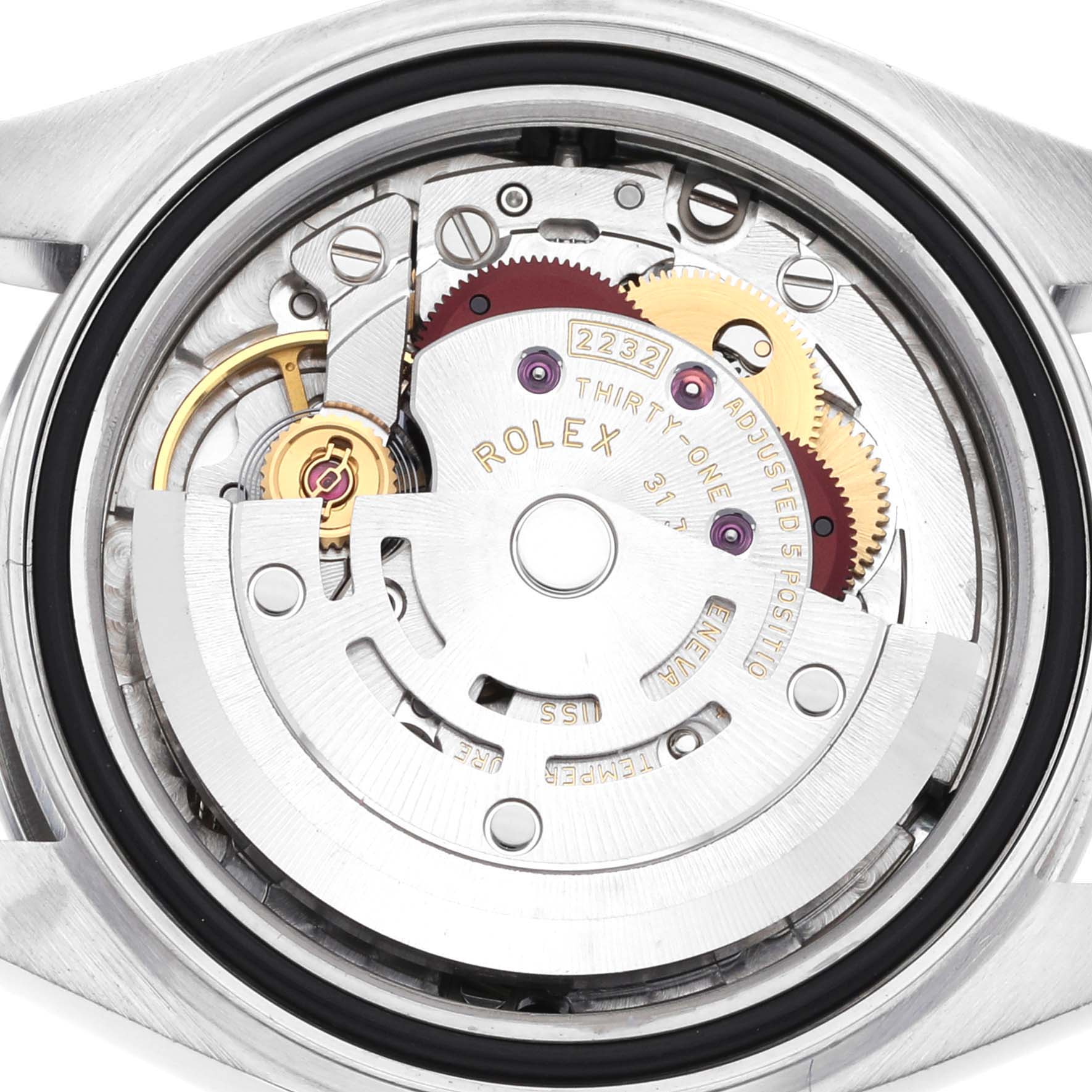 This image shows the internal mechanical movement of a Rolex Oyster Perpetual 276200 Women's Stainless Steel Pink Dial 276200 Women's Stainless Steel Pink Dial watch from a rear angle.