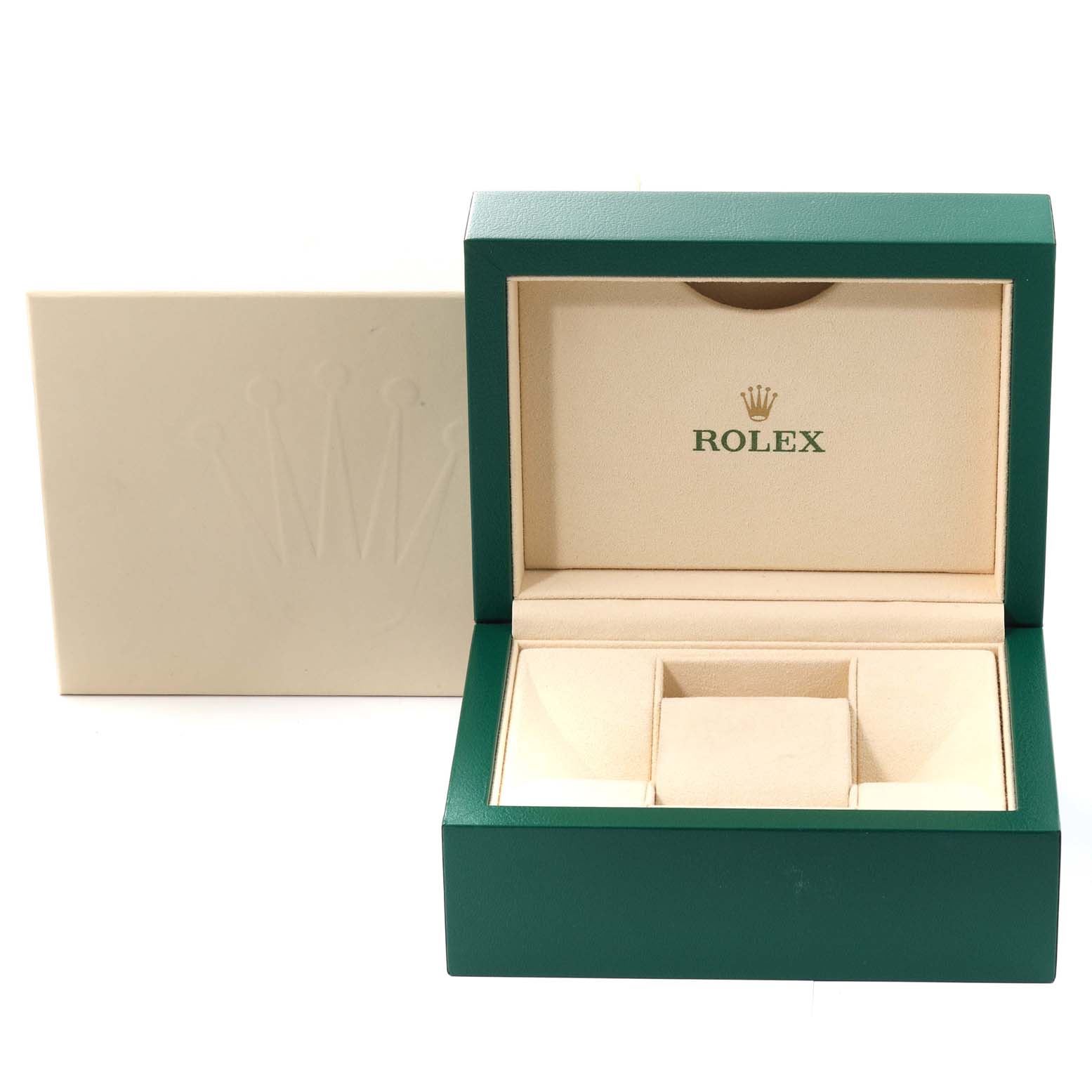 This image shows an open green and beige watch box for a Rolex Oyster Perpetual 276200 Women's Stainless Steel Pink Dial 276200 Women's Stainless Steel Pink Dial model, with the Rolex logo inside.