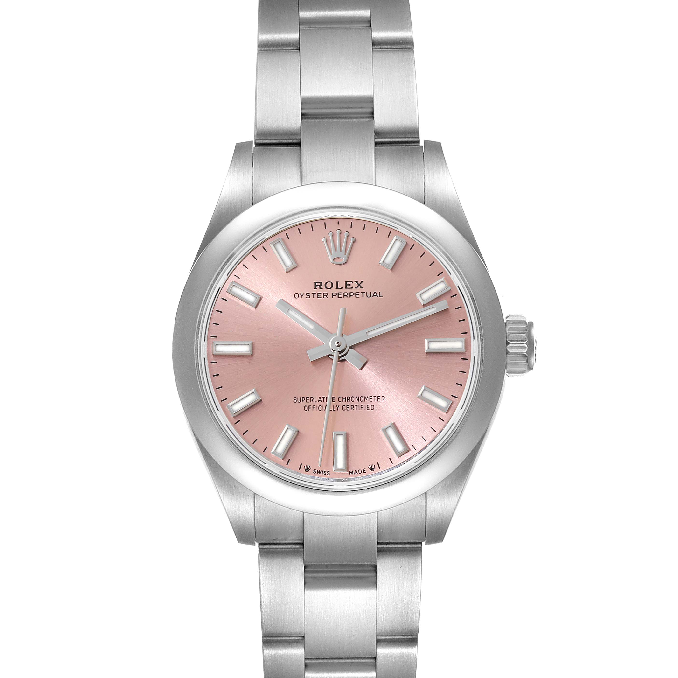 This image shows a front view of the Rolex Oyster Perpetual 276200 Women's Stainless Steel Pink Dial 276200 Women's Stainless Steel Pink Dial watch with a pink dial and stainless steel bracelet.