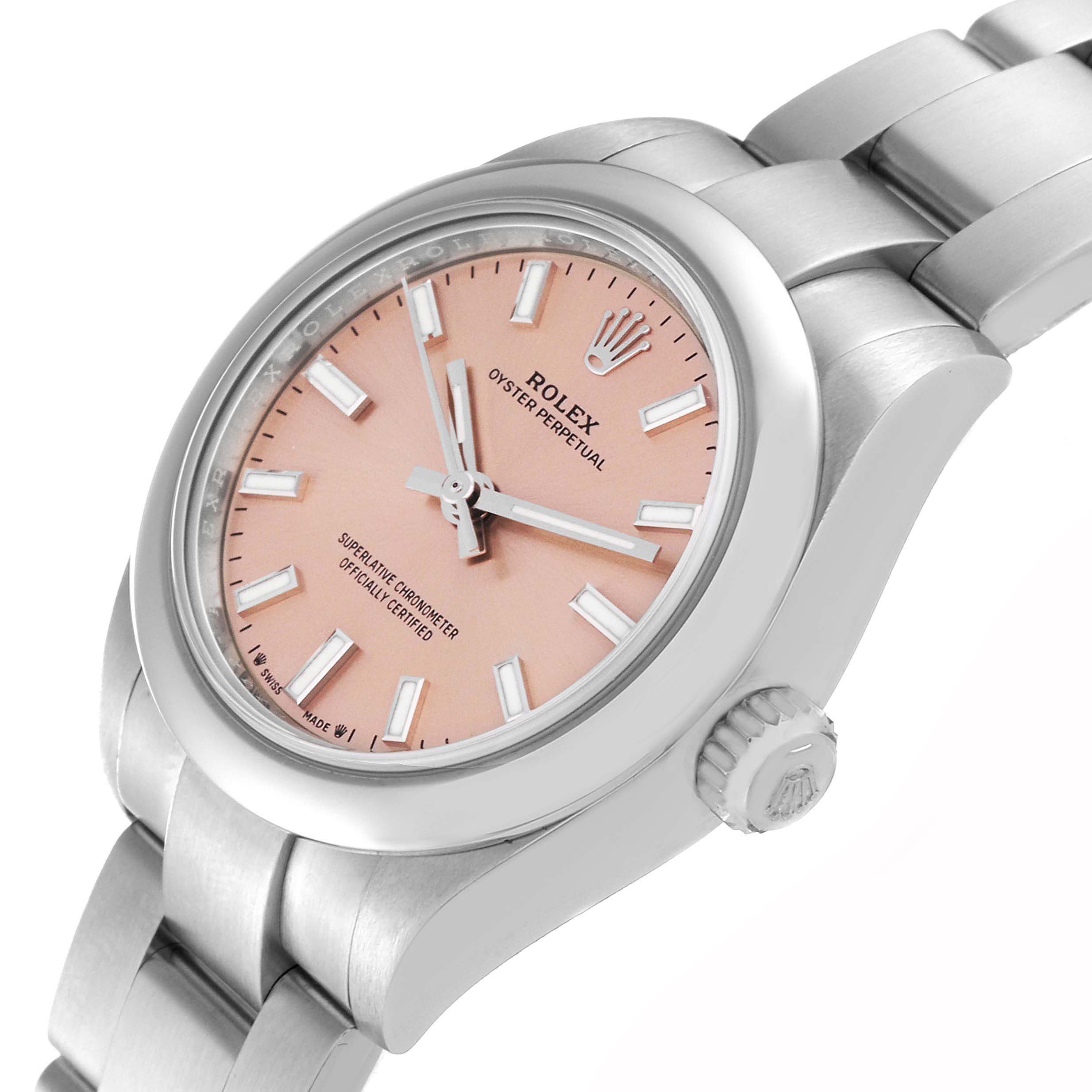 The image shows a side-angle view of a Rolex Oyster Perpetual 276200 Women's Stainless Steel Pink Dial 276200 Women's Stainless Steel Pink Dial watch, highlighting the dial, crown, and bracelet.