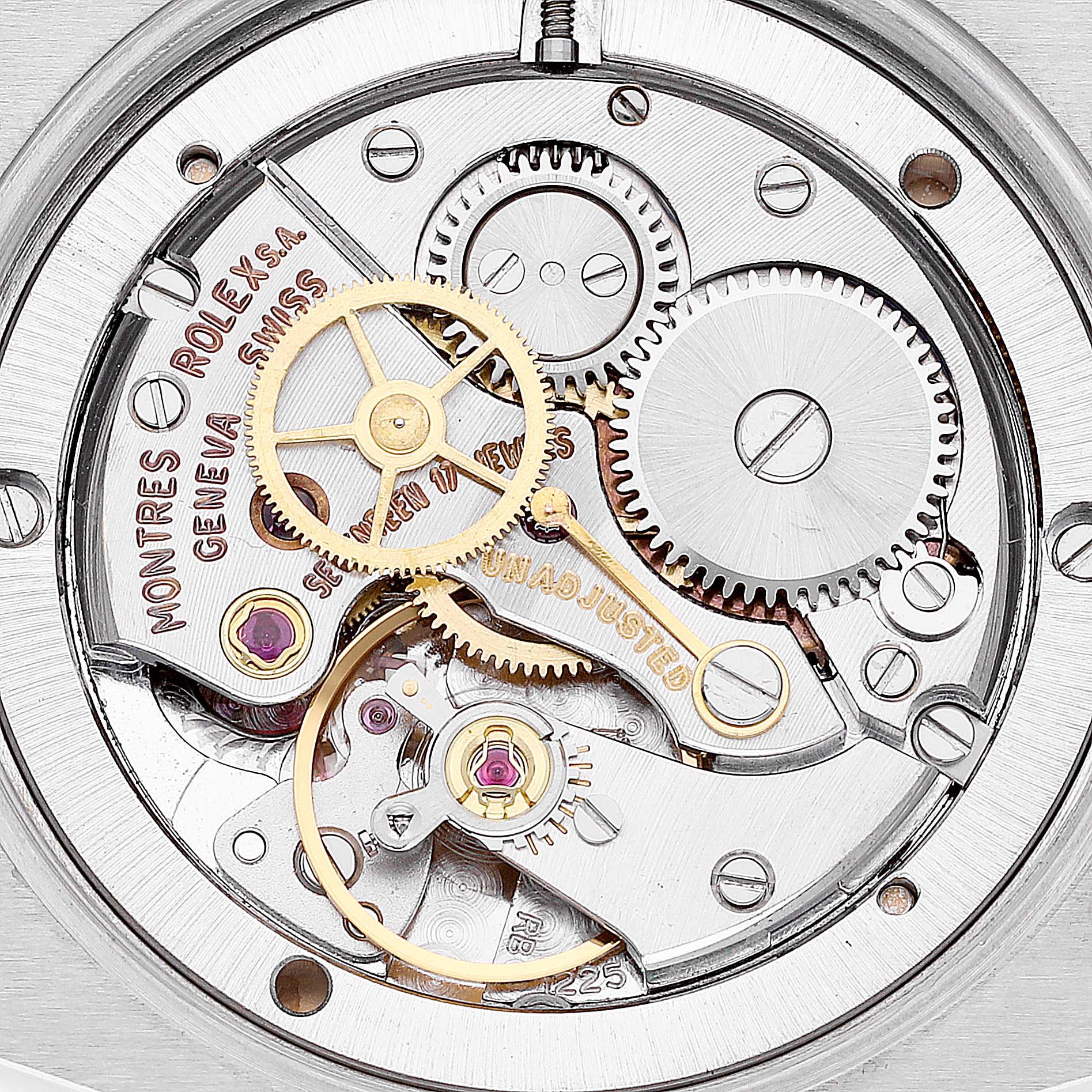 This image shows the intricately detailed internal gears and mechanisms of the Rolex Vintage Collection 6694 Men
s Stainless Steel Silver Dial 6694 Men
s Stainless Steel Silver Dial watch.