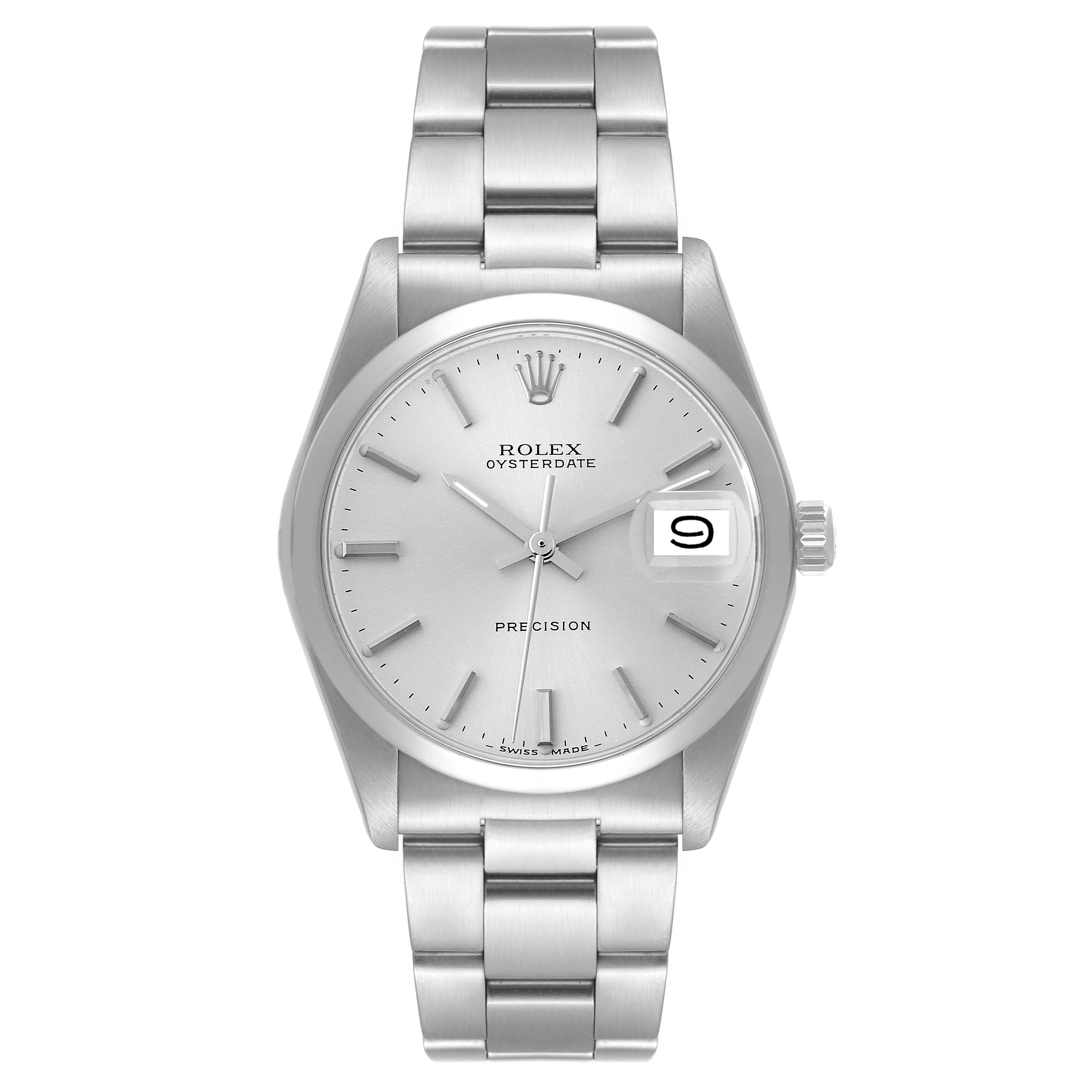 This is a front view of the Rolex Vintage Collection 6694 Men
s Stainless Steel Silver Dial 6694 Men
s Stainless Steel Silver Dial watch, showing the dial, bracelet, and date feature.
