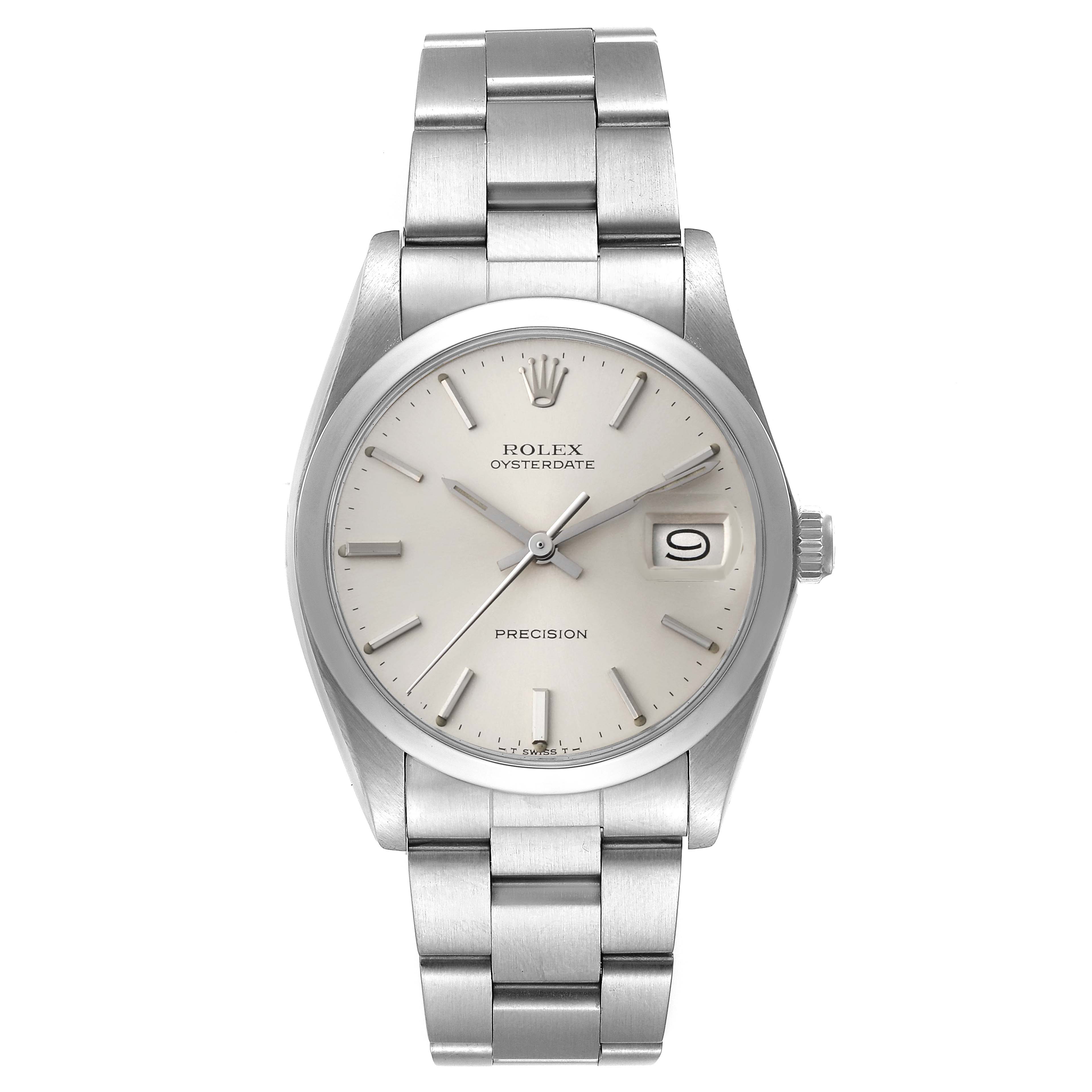 This is a front view of the Rolex Vintage Collection 6694 Men
s Stainless Steel Silver Dial 6694 Men
s Stainless Steel Silver Dial Oysterdate watch, showcasing its dial, hands, date window, and bracelet.