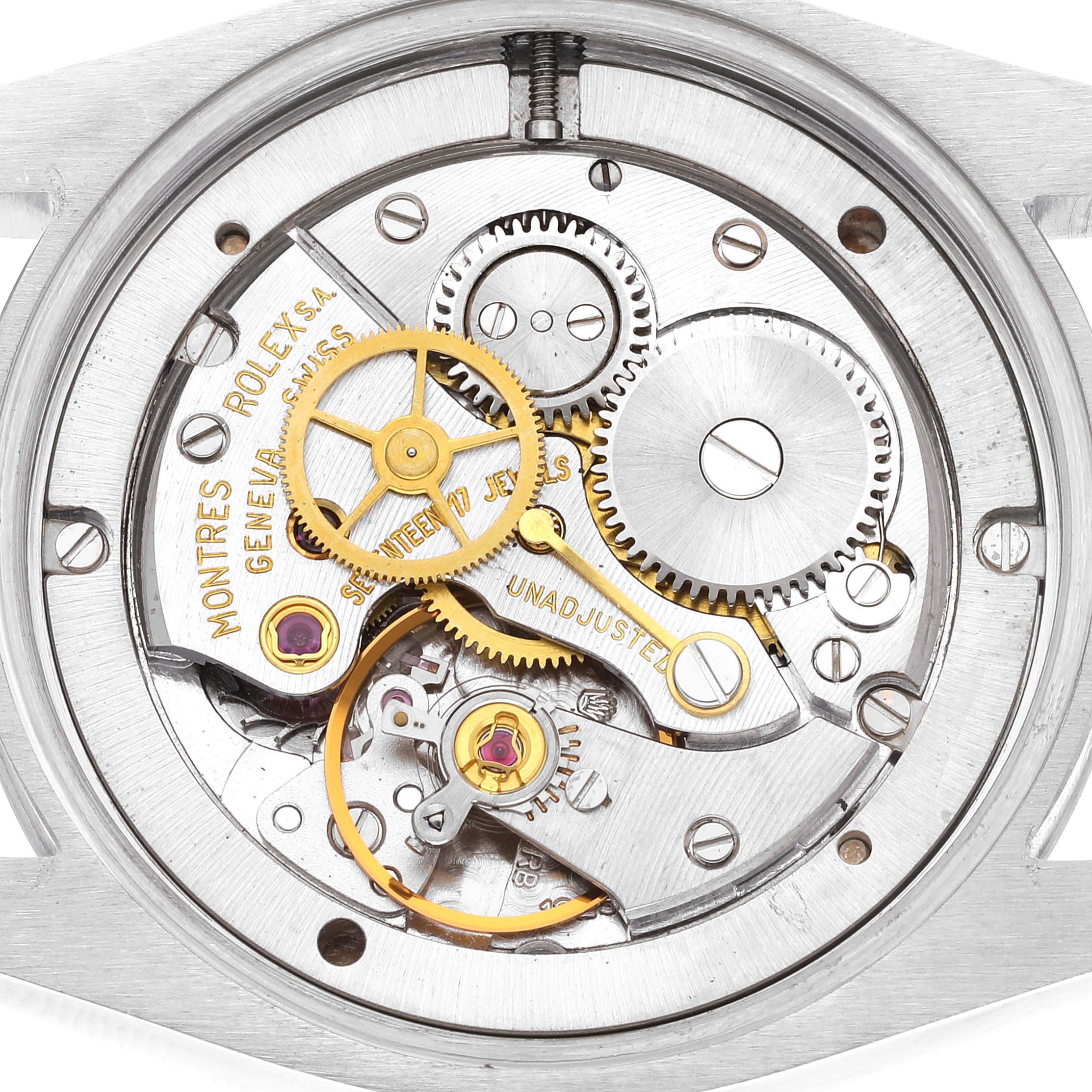 This image shows a close-up view of the inner mechanical movement of the Vintage Collection model by Rolex.