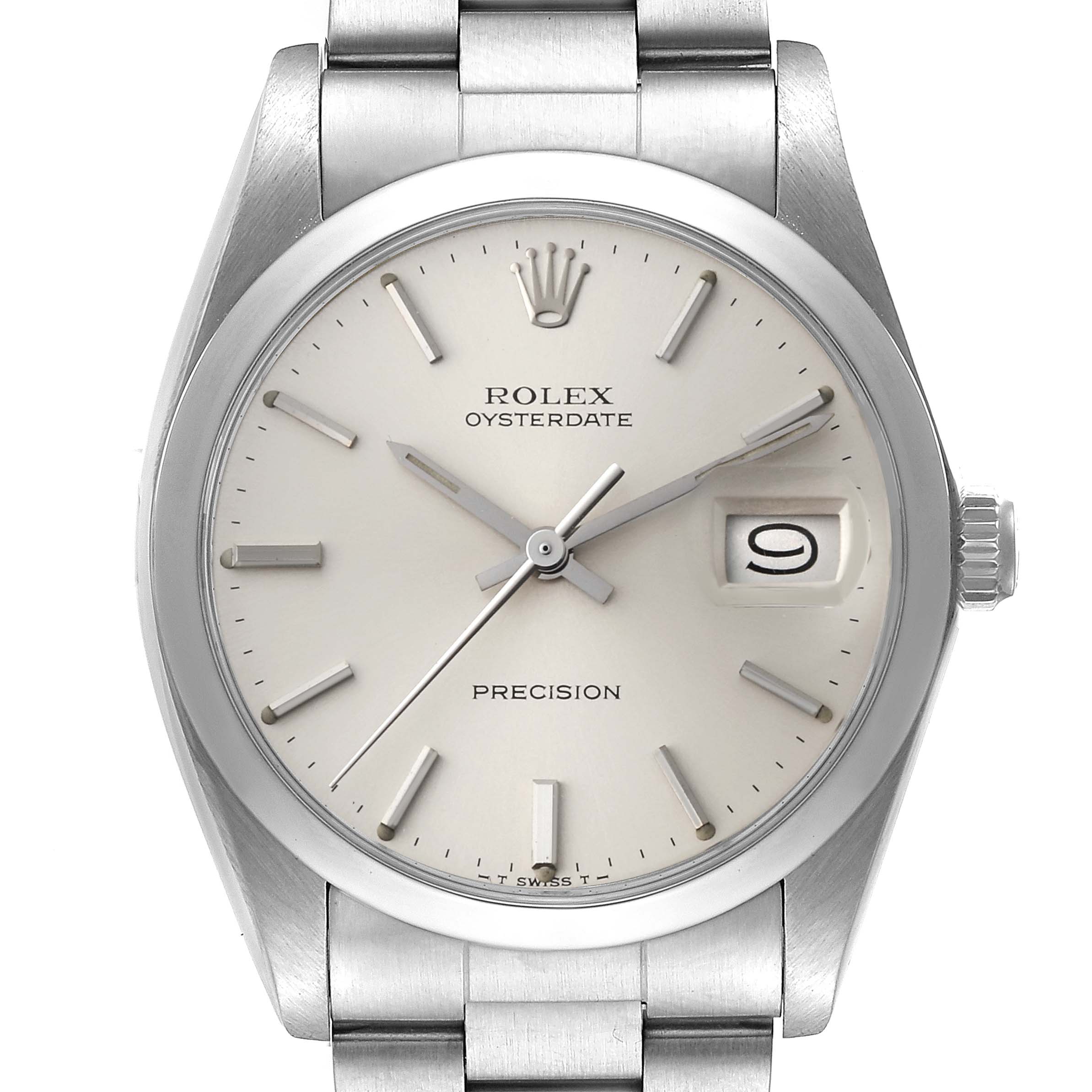 The image shows a front view of the Rolex Vintage Collection 6694 Men
s Stainless Steel Silver Dial 6694 Men
s Stainless Steel Silver Dial Oysterdate model, featuring its dial, bezel, crown, and bracelet.