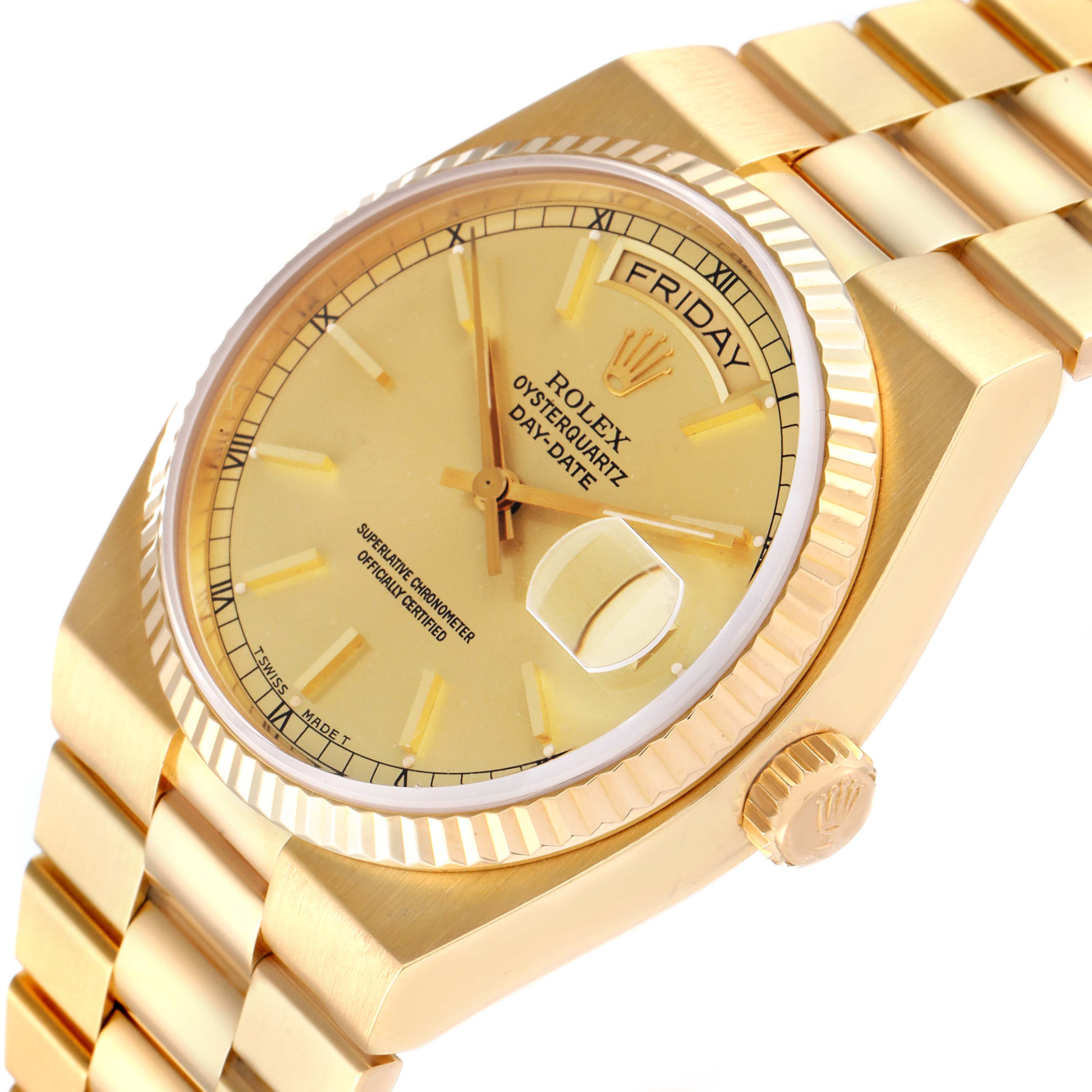 The image shows a Rolex Oysterquartz 19018 Men's Yellow Gold Champagne Dial 19018 Men's Yellow Gold Champagne Dial watch from an angled top view, highlighting the face, bezel, crown, and part of the bracelet.