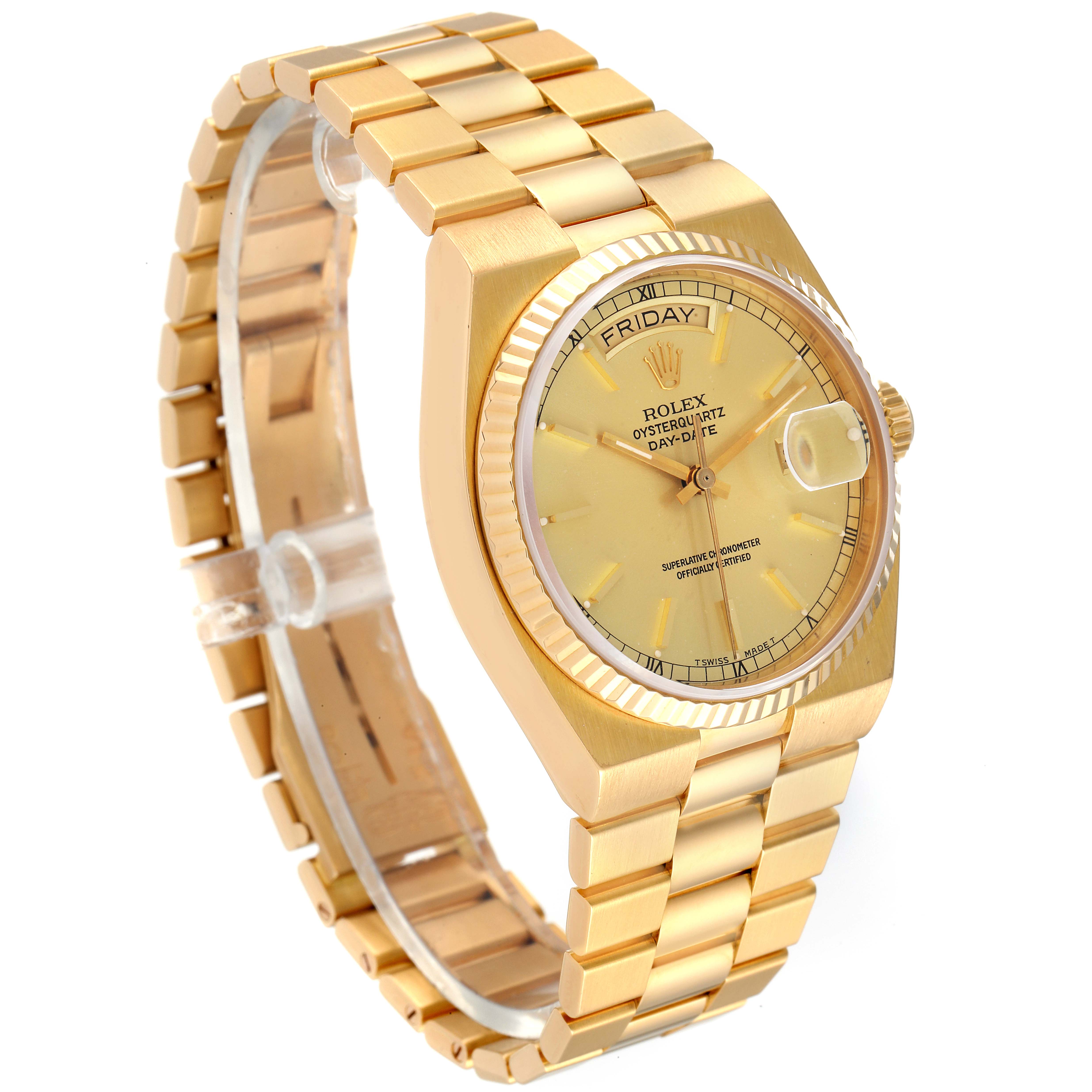 The image shows a Rolex Oysterquartz 19018 Men's Yellow Gold Champagne Dial 19018 Men's Yellow Gold Champagne Dial watch at a three-quarter angle, highlighting the bracelet, dial, and case.