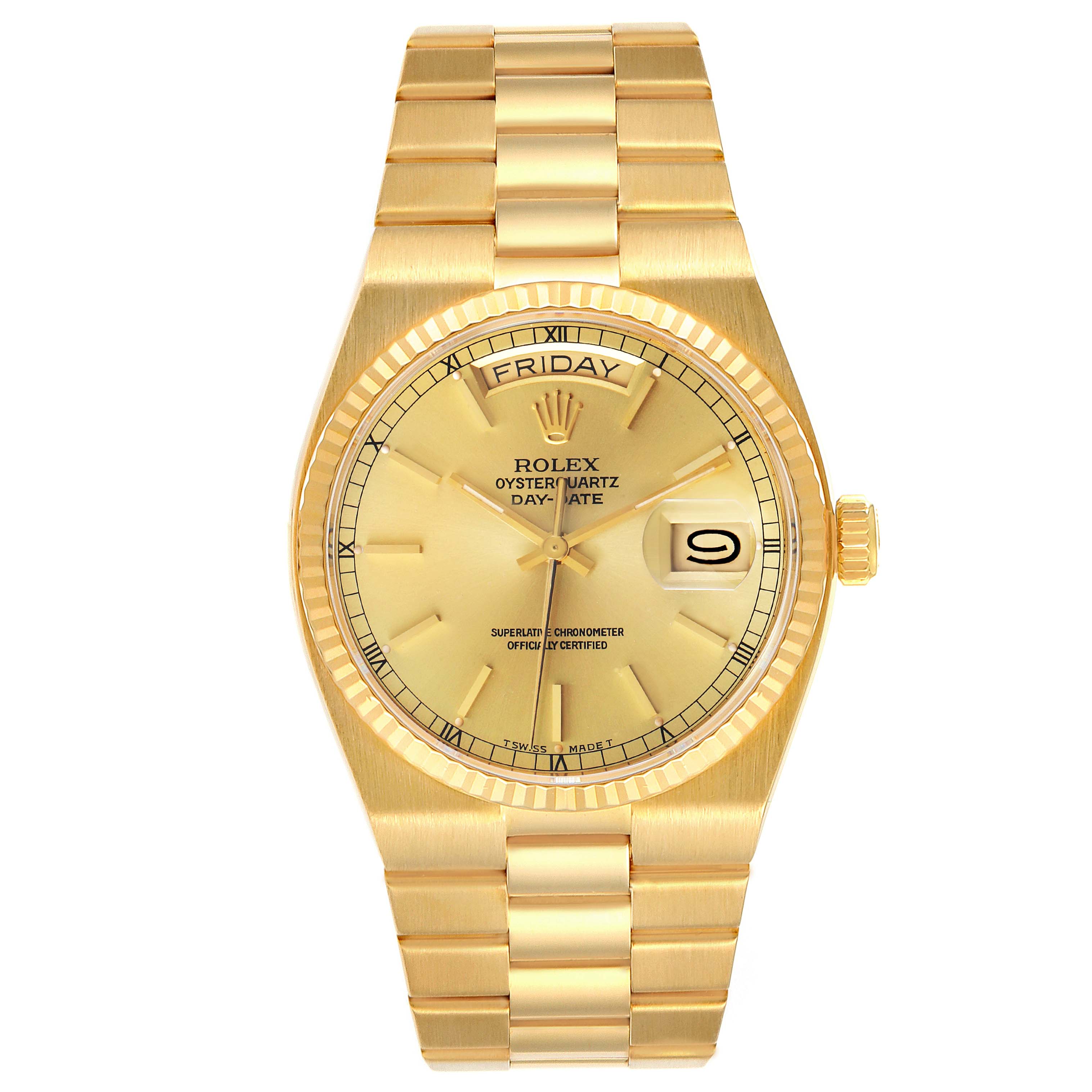 The Rolex Oysterquartz 19018 Men's Yellow Gold Champagne Dial 19018 Men's Yellow Gold Champagne Dial model is shown from the front, displaying the dial, bracelet, and crown.