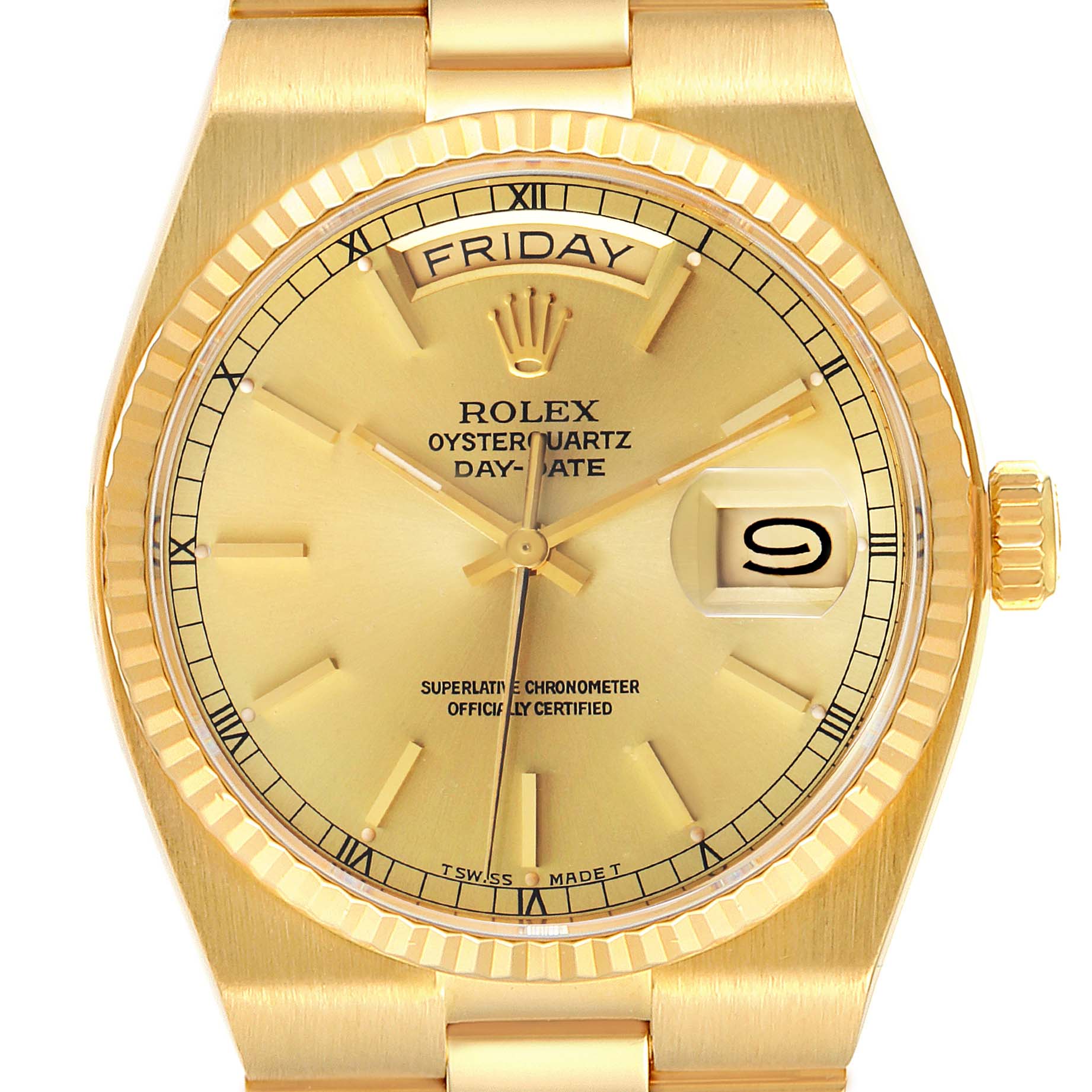 The image shows a front view of the Rolex Oysterquartz 19018 Men's Yellow Gold Champagne Dial 19018 Men's Yellow Gold Champagne Dial Day-Date watch, highlighting its dial, day/date display, and crown.