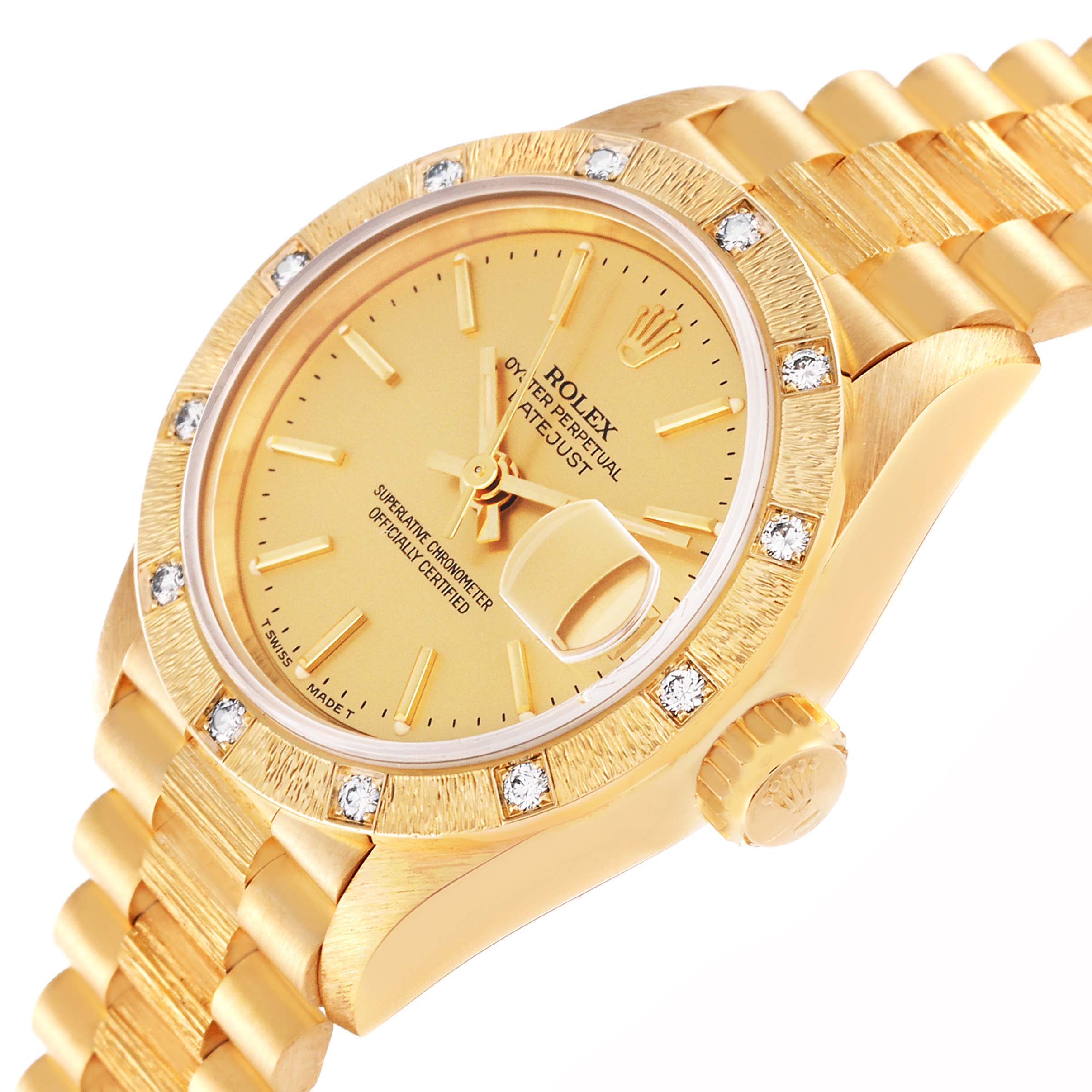 The image shows a close-up angle of the Rolex President 69288 Women's Yellow Gold Champagne Dial 69288 Women's Yellow Gold Champagne Dial's dial, bezel, crown, and part of the bracelet.