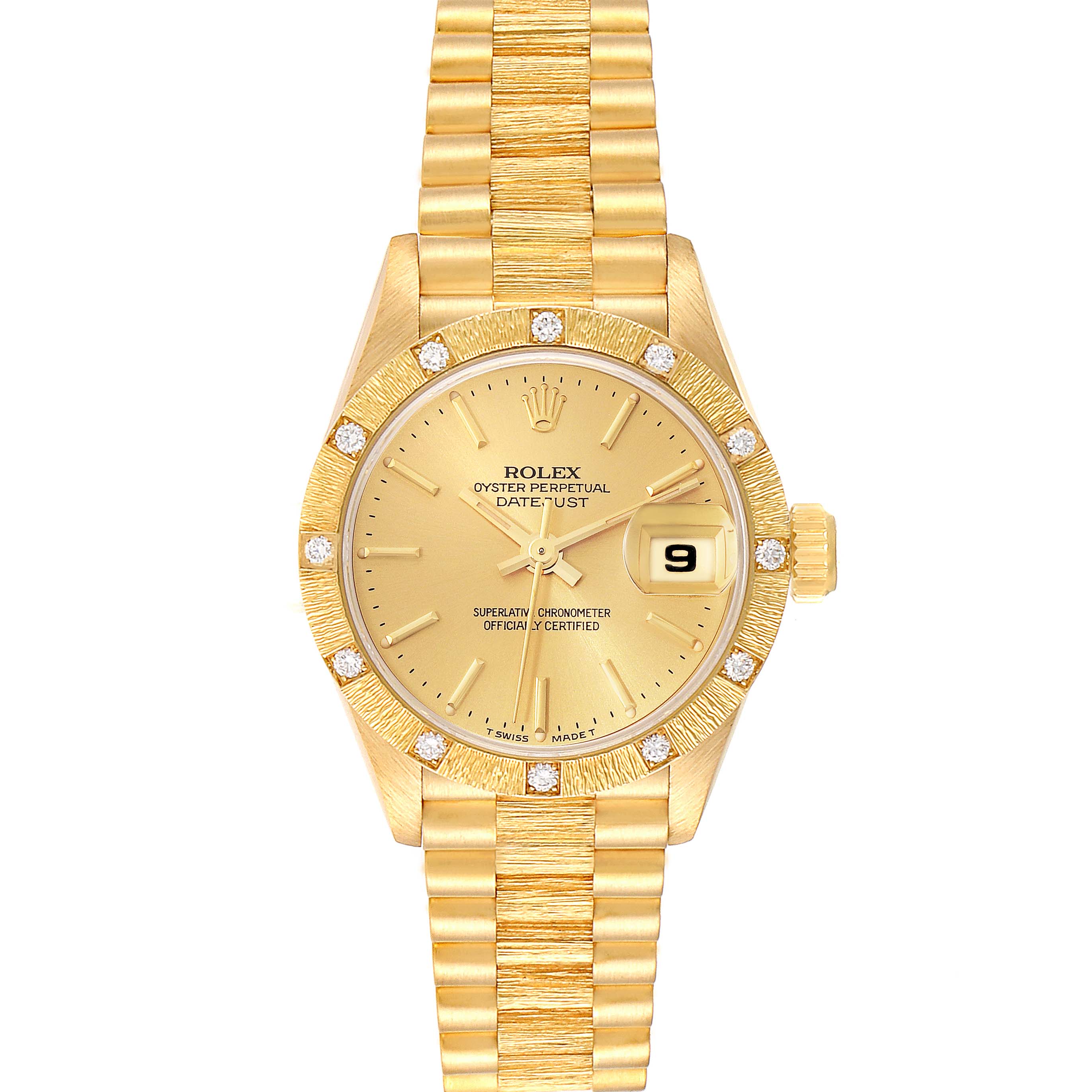 The image shows a full frontal view of the Rolex President 69288 Women's Yellow Gold Champagne Dial 69288 Women's Yellow Gold Champagne Dial model watch, highlighting the dial, bezel, bracelet, and date window.