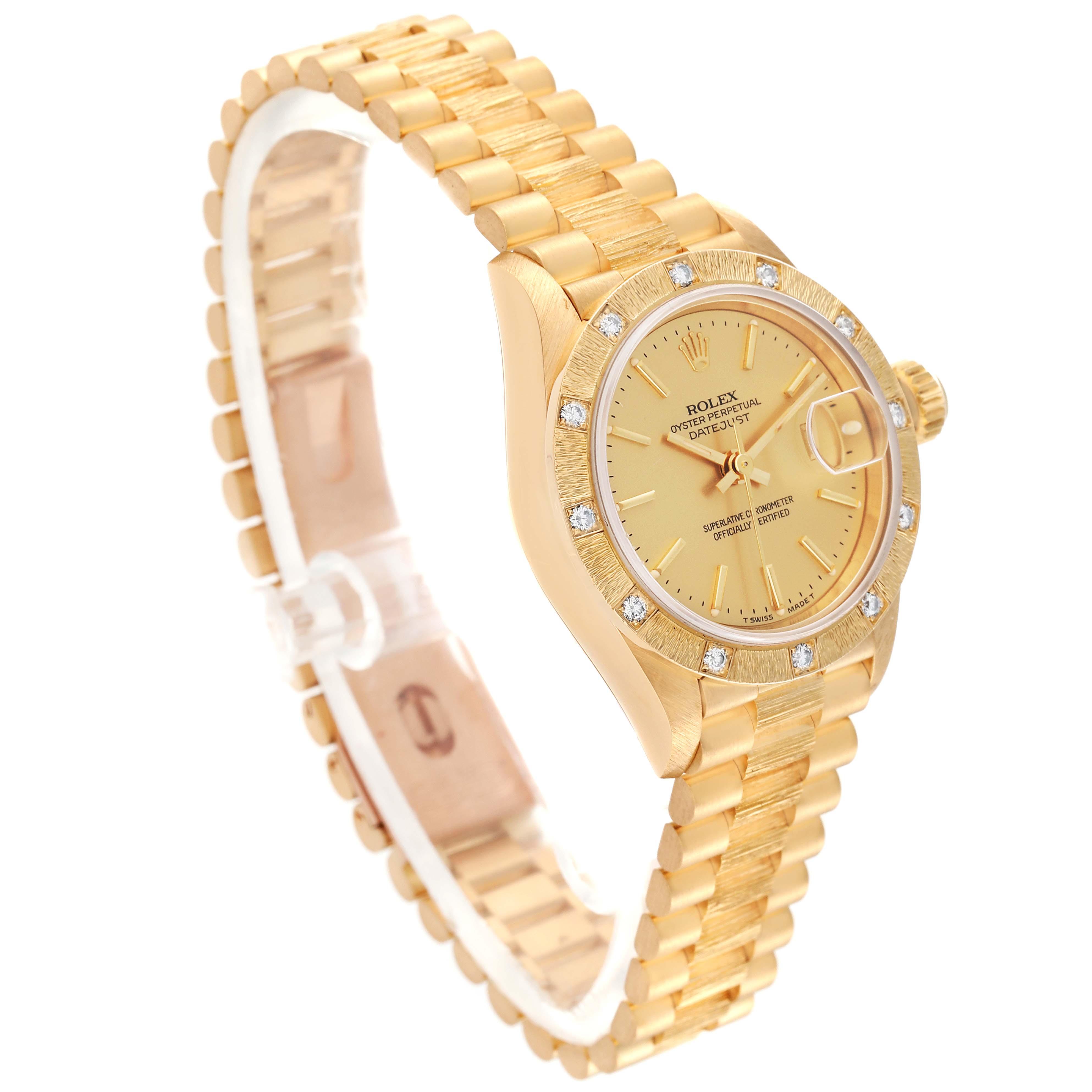 The image shows a side angle of a gold Rolex President 69288 Women's Yellow Gold Champagne Dial 69288 Women's Yellow Gold Champagne Dial with its bracelet, case, and dial clearly visible.