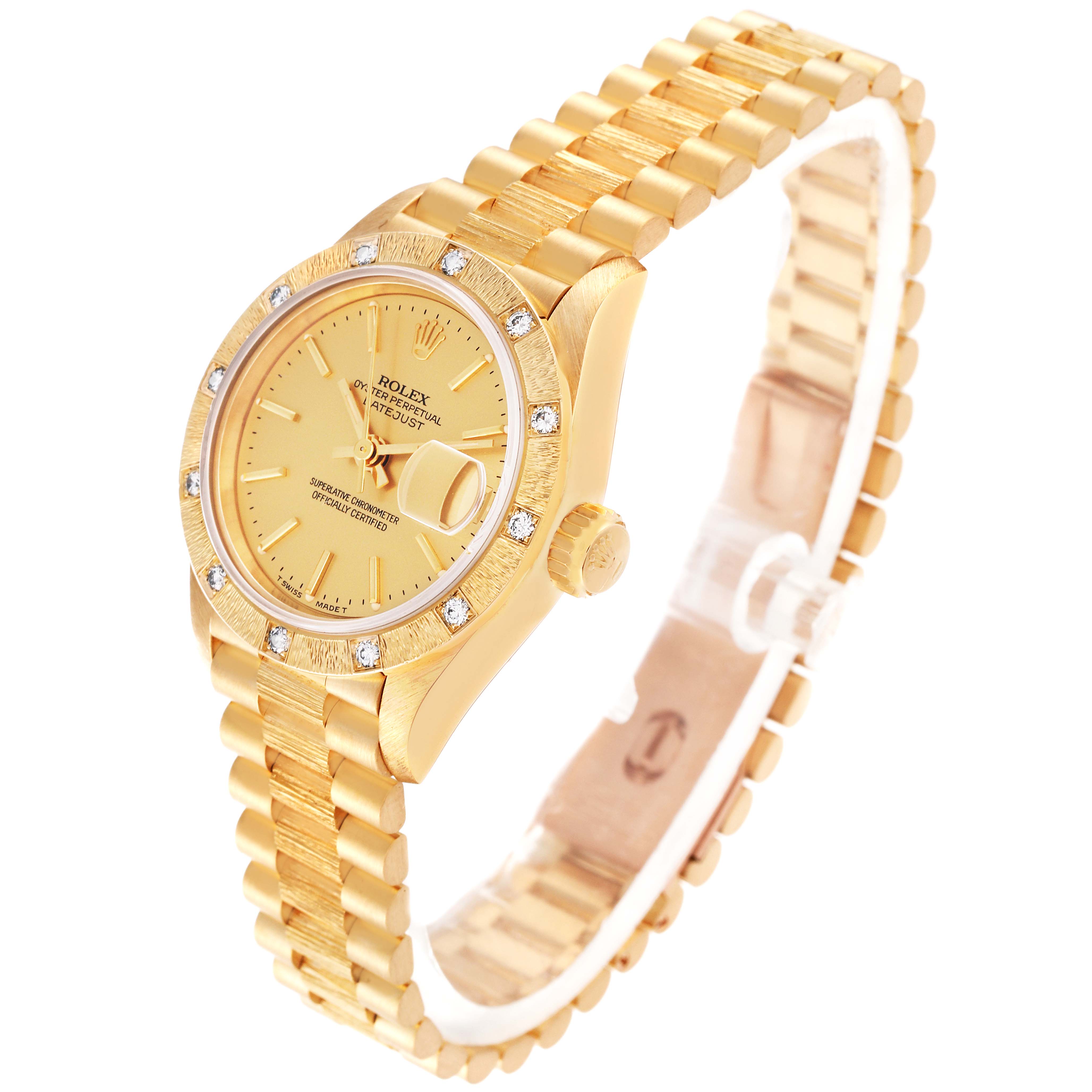 The Rolex President 69288 Women's Yellow Gold Champagne Dial 69288 Women's Yellow Gold Champagne Dial model is shown from a three-quarter angle, highlighting the gold bracelet, face, and bezel with diamond markers.