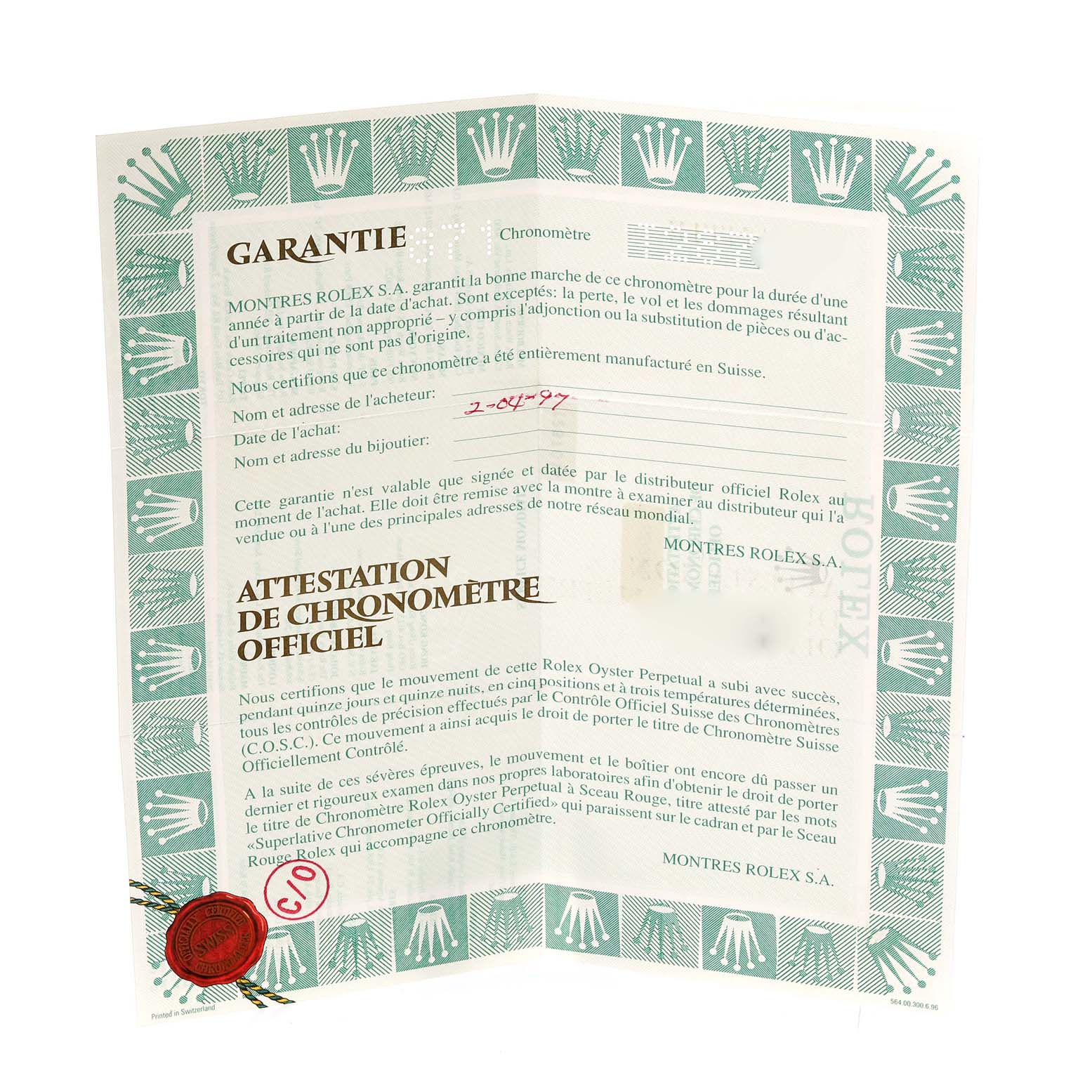 The image shows a close-up of a warranty certificate for a Rolex President 69288 Women's Yellow Gold Champagne Dial 69288 Women's Yellow Gold Champagne Dial model watch.