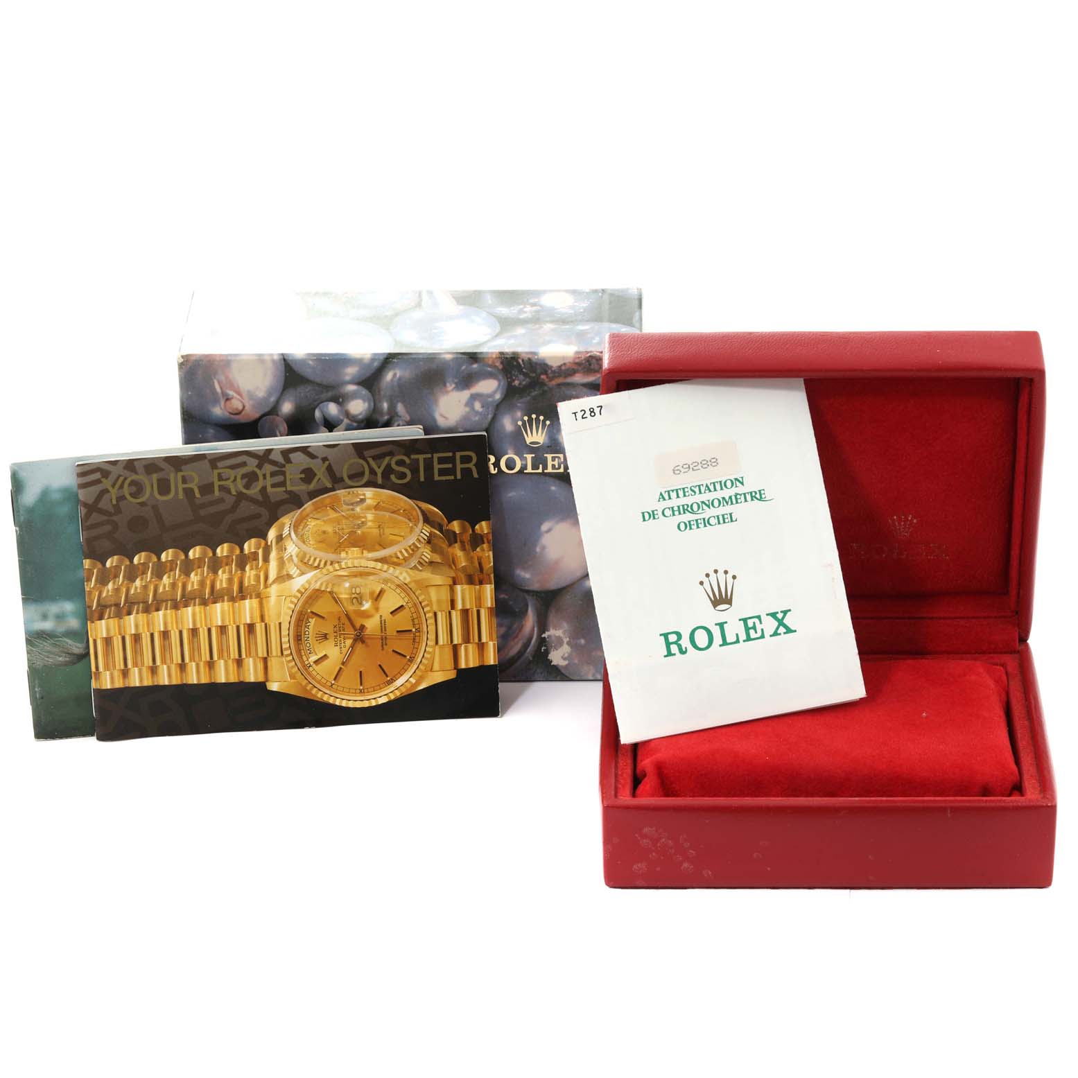 The image shows a Rolex President 69288 Women's Yellow Gold Champagne Dial 69288 Women's Yellow Gold Champagne Dial model watch box, warranty card, instruction manual, and outer packaging.