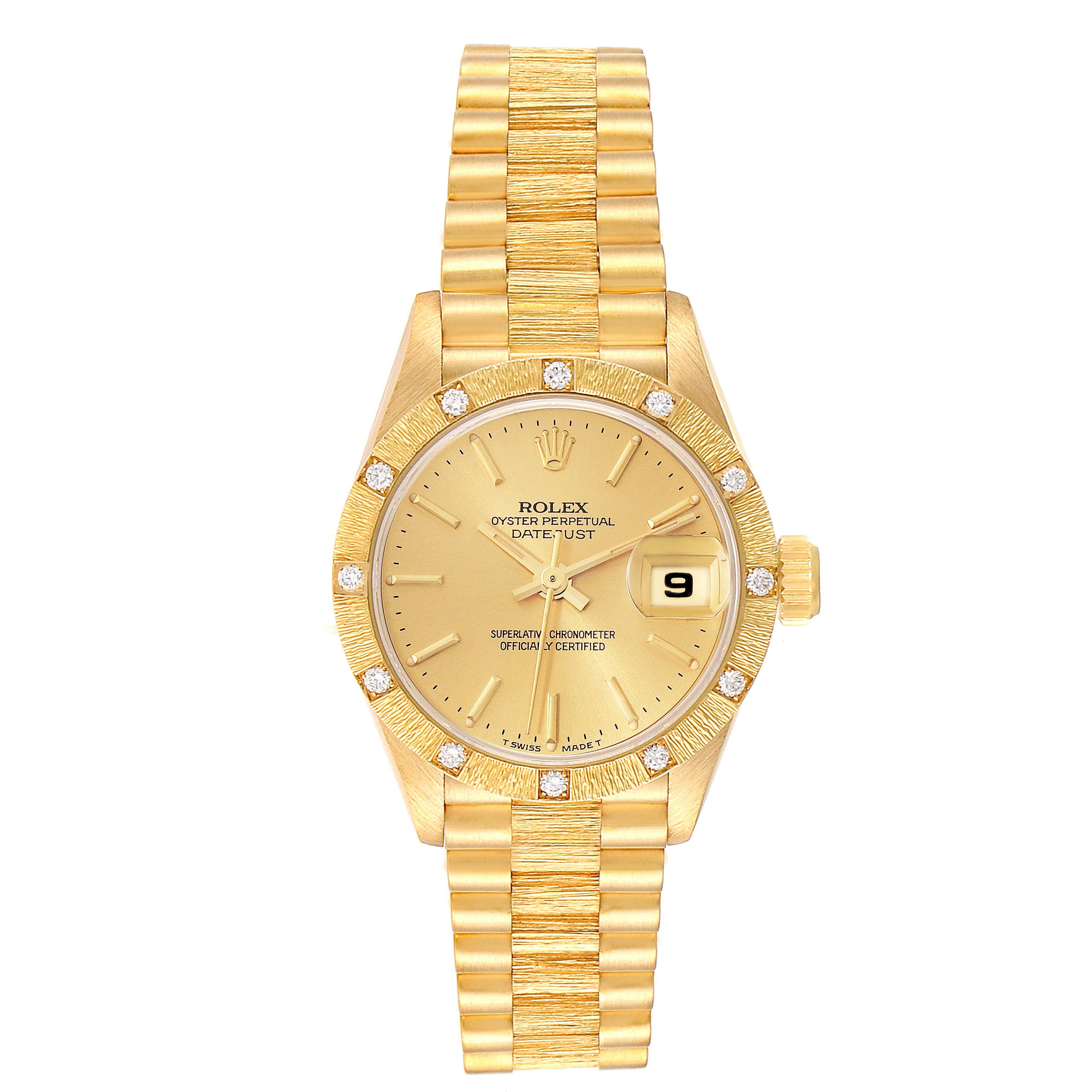 This image shows a front view of the Rolex President 69288 Women's Yellow Gold Champagne Dial 69288 Women's Yellow Gold Champagne Dial model watch, including its gold case, dial, bezel, and bracelet.