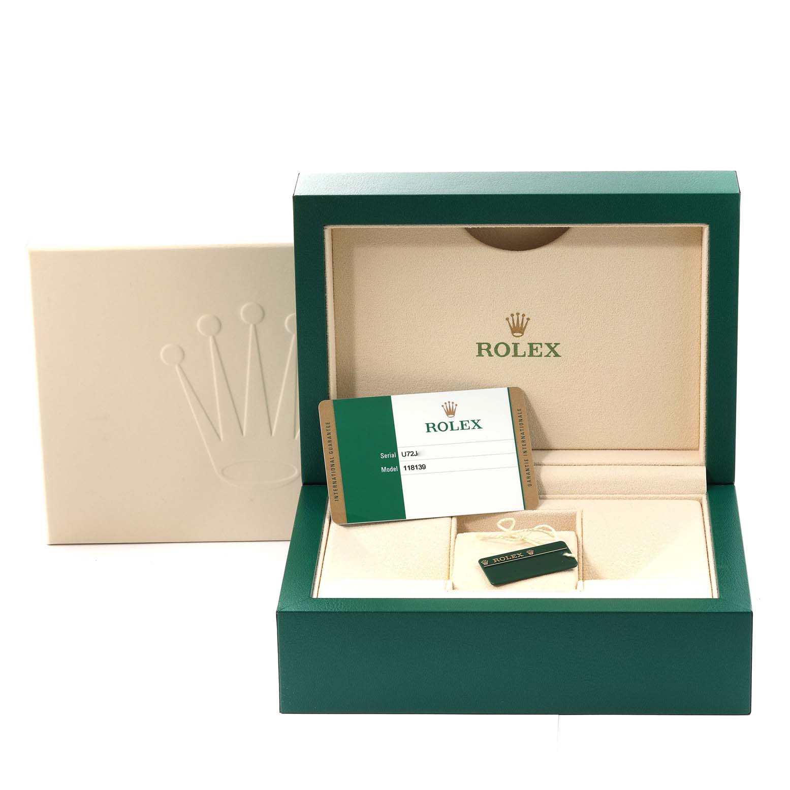 The image shows the open box and warranty card for a Rolex President 118139 Men
s White Gold Red Dial 118139 Men
s White Gold Red Dial model watch, with no watch visible.