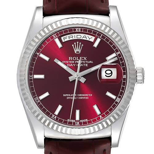 Photo of Rolex President Day-Date White Gold Burgundy Dial Mens Watch 118139 Box Card
