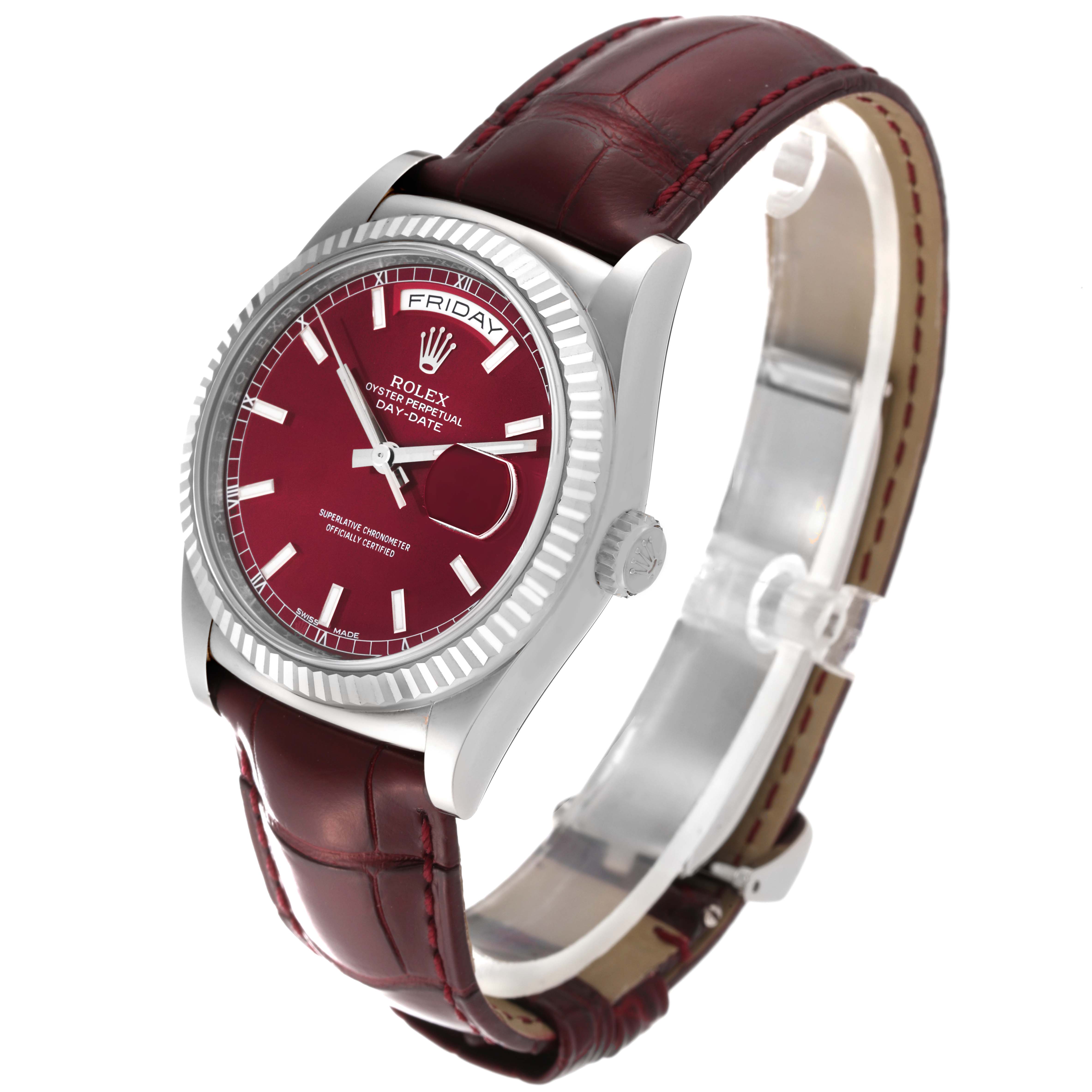 The image shows a Rolex President 118139 Men
s White Gold Red Dial 118139 Men
s White Gold Red Dial model watch from an angled side view, highlighting the face, bezel, crown, and leather strap.