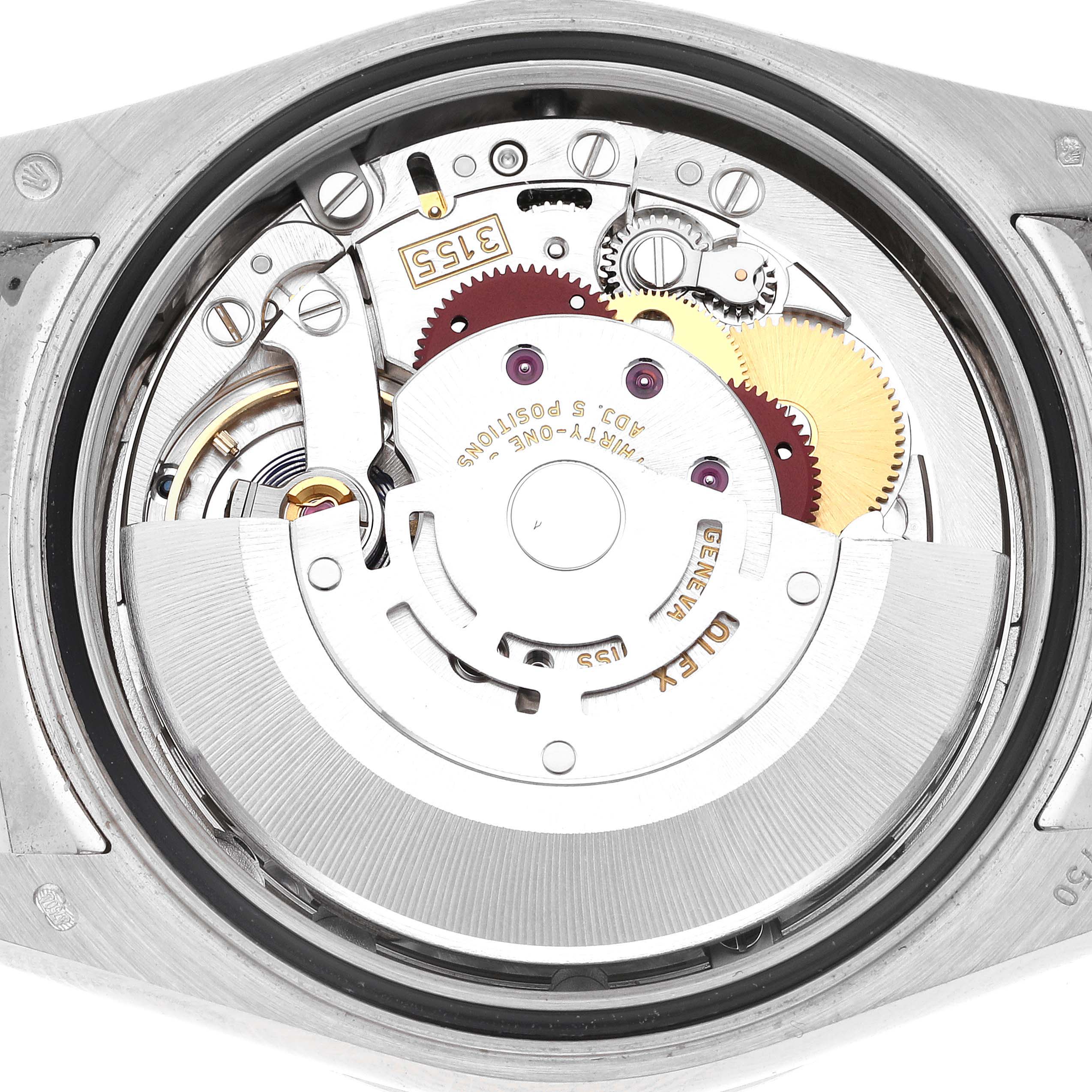 This image shows a close-up view of the movement inside a Rolex President 118139 Men
s White Gold Red Dial 118139 Men
s White Gold Red Dial model watch.