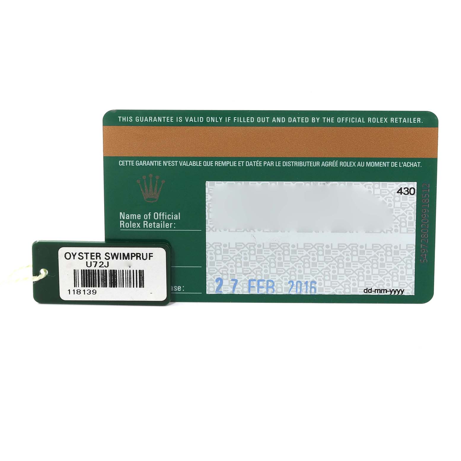 The image shows a warranty card and a tag for the Rolex President 118139 Men
s White Gold Red Dial 118139 Men
s White Gold Red Dial model watch, indicating its Best Quality
ity and purchase date.