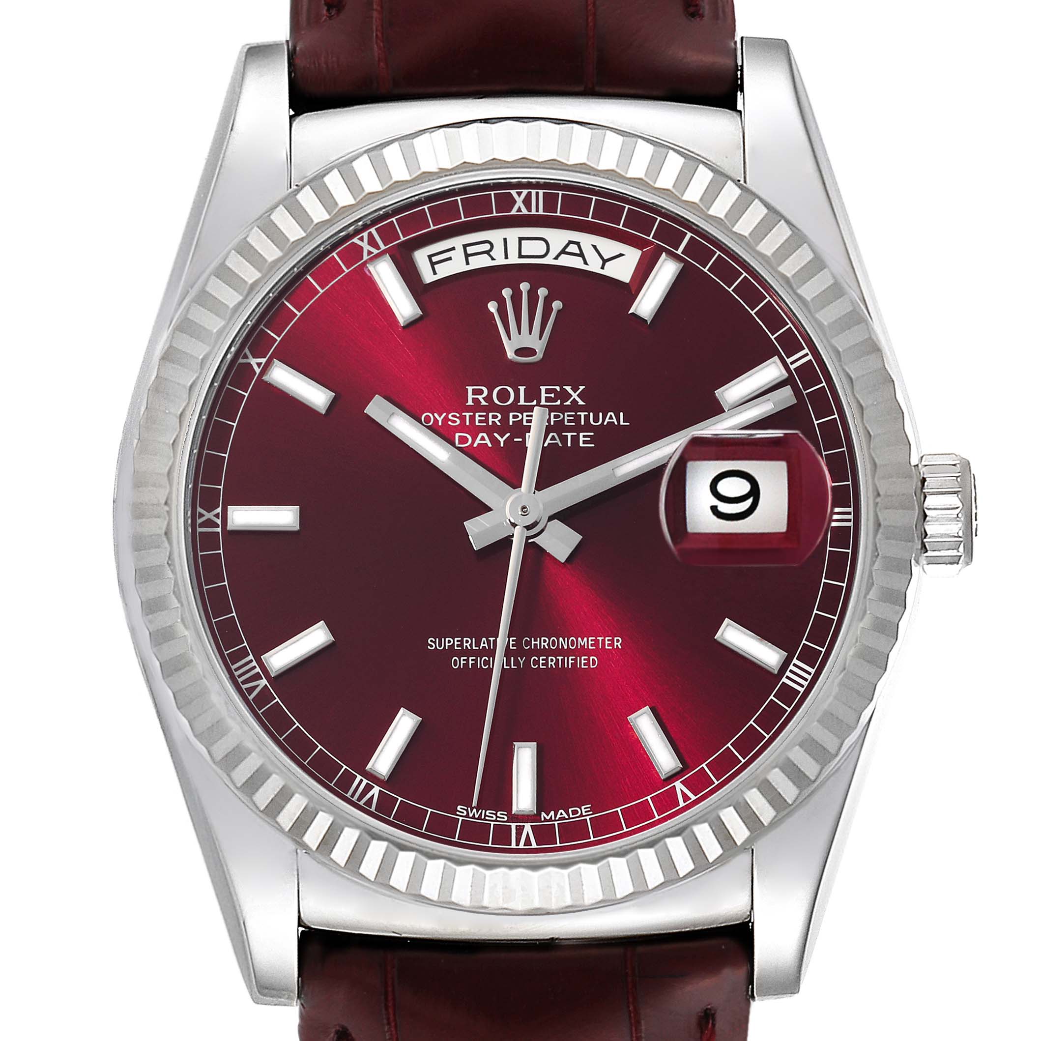 The image shows a Rolex President 118139 Men
s White Gold Red Dial 118139 Men
s White Gold Red Dial model watch with a burgundy dial, day and date display, and a leather strap viewed from the front.