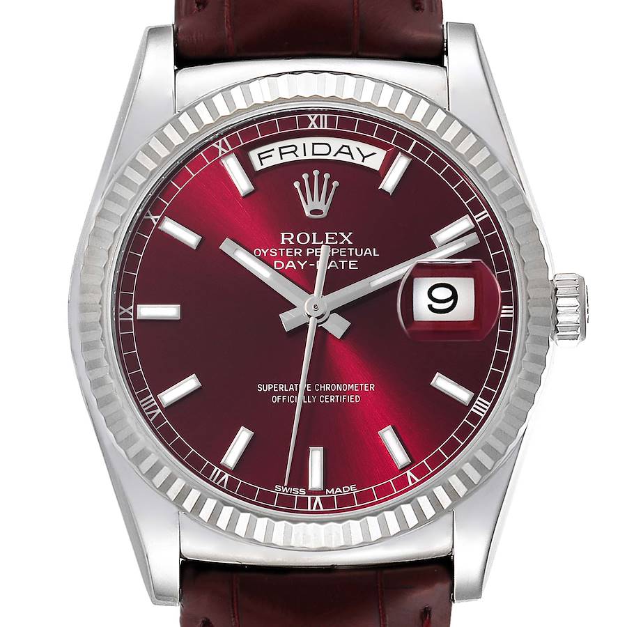 Rolex President Day-Date White Gold Burgundy Dial Mens Watch 118139 Box Card SwissWatchExpo