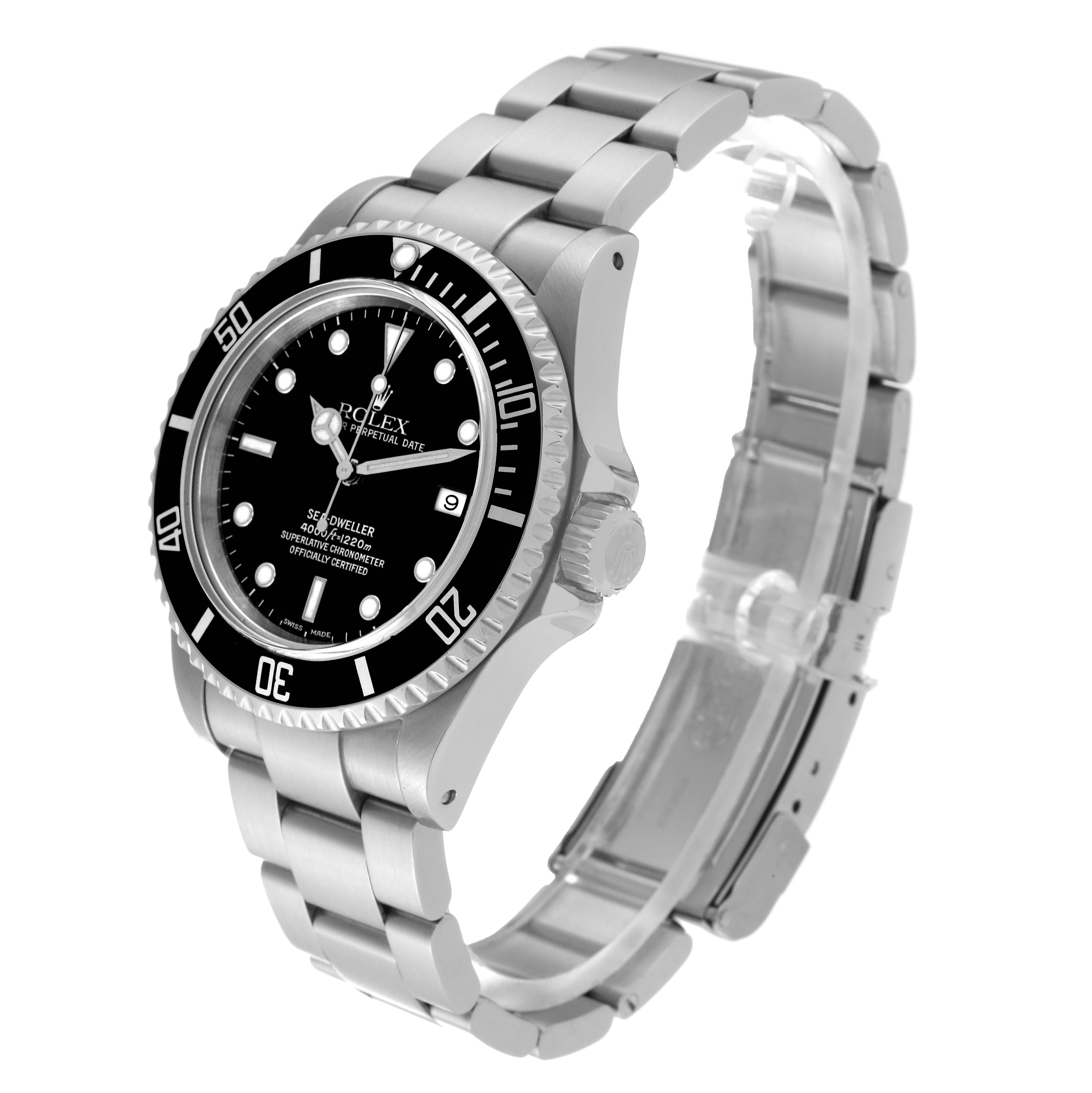 The Rolex Sea-Dweller 16600 Men's Stainless Steel Black Dial 16600 Men's Stainless Steel Black Dial watch is shown at a three-quarter angle, highlighting its face, bezel, crown, and bracelet.