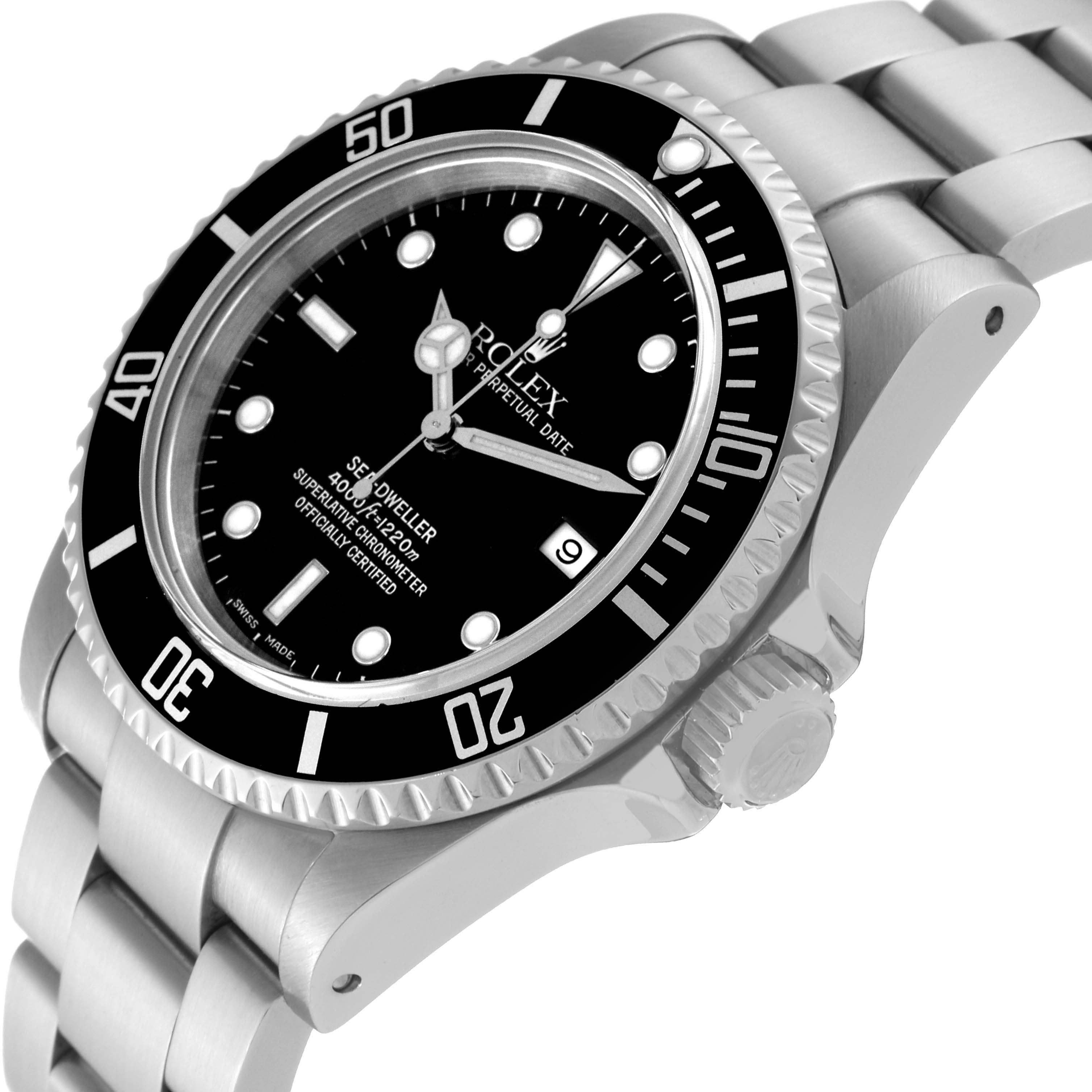 The image shows a Rolex Sea-Dweller 16600 Men's Stainless Steel Black Dial 16600 Men's Stainless Steel Black Dial watch at a three-quarter angle, highlighting the dial, bezel, crown, and part of the bracelet.