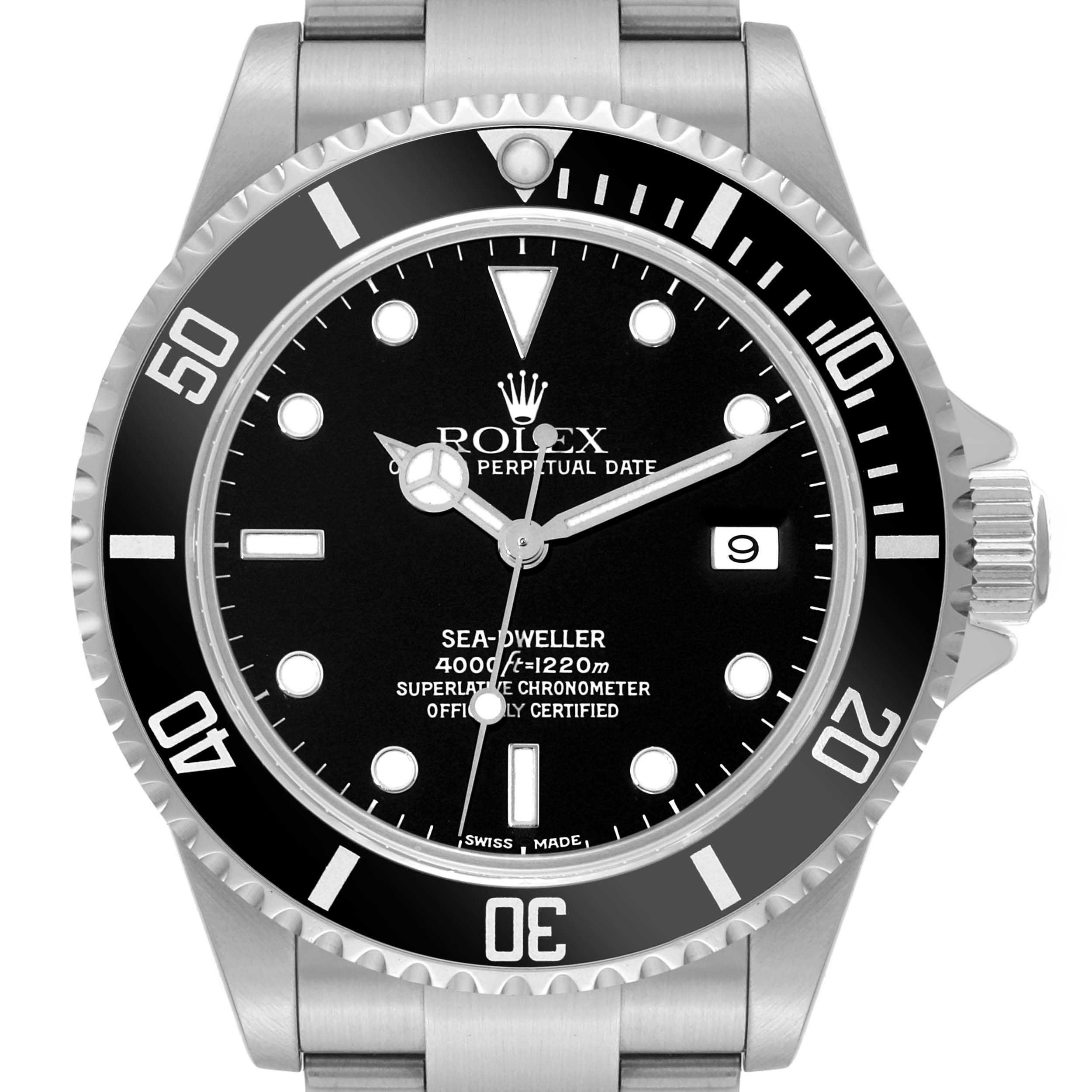 The image shows a front view of a Rolex Sea-Dweller 16600 Men's Stainless Steel Black Dial 16600 Men's Stainless Steel Black Dial watch, highlighting the dial, bezel, crown, and part of the bracelet.