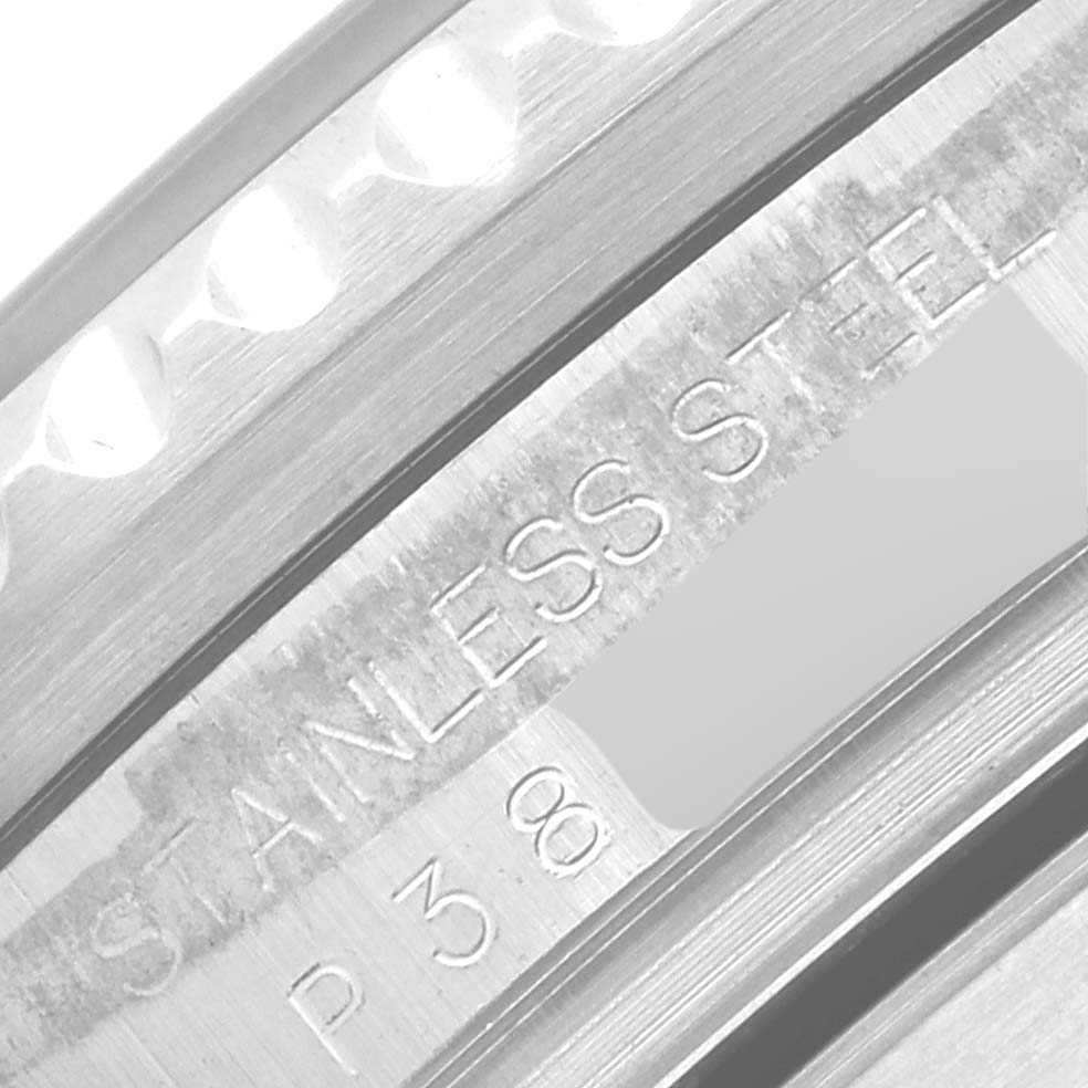 The image shows a close-up of the inner bezel with the "STAINLESS STEEL" engraving of a Rolex Sea-Dweller 16600 Men's Stainless Steel Black Dial 16600 Men's Stainless Steel Black Dial watch.