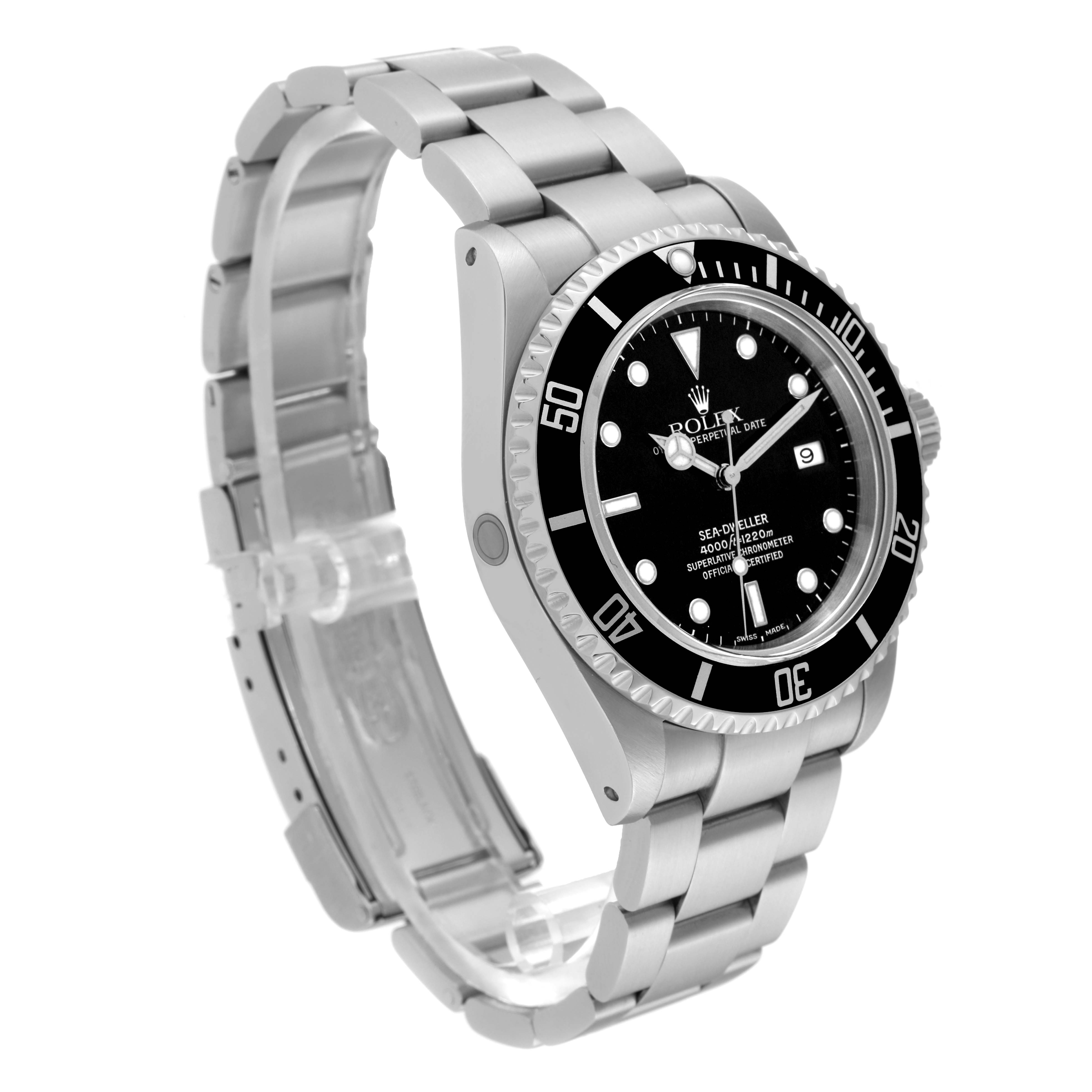 The image shows a side angle of the Rolex Sea-Dweller 16600 Men's Stainless Steel Black Dial 16600 Men's Stainless Steel Black Dial watch, highlighting the bracelet, bezel, and dial.