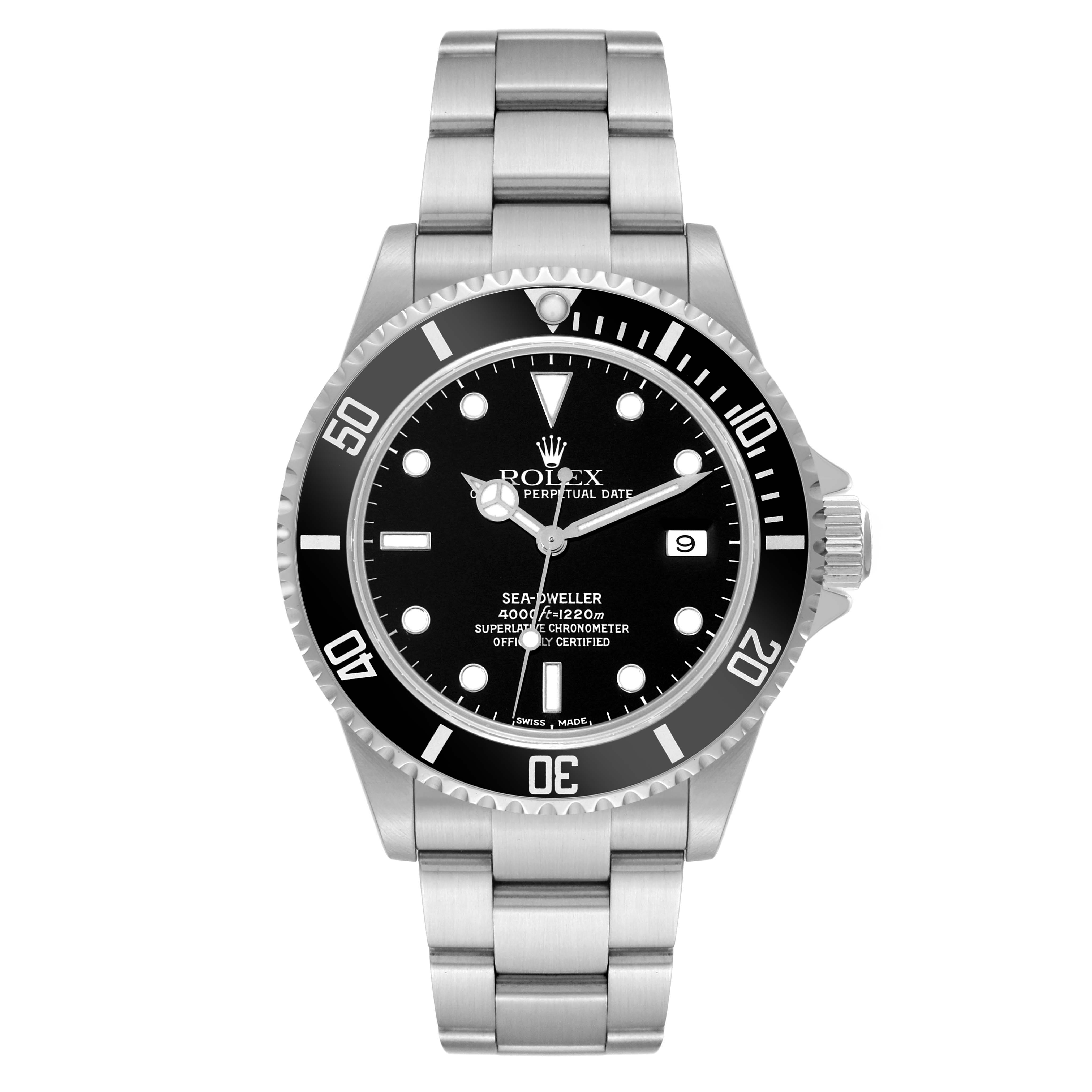 The image shows a front view of a Rolex Sea-Dweller 16600 Men's Stainless Steel Black Dial 16600 Men's Stainless Steel Black Dial watch, highlighting its black dial, bezel, and metal bracelet.