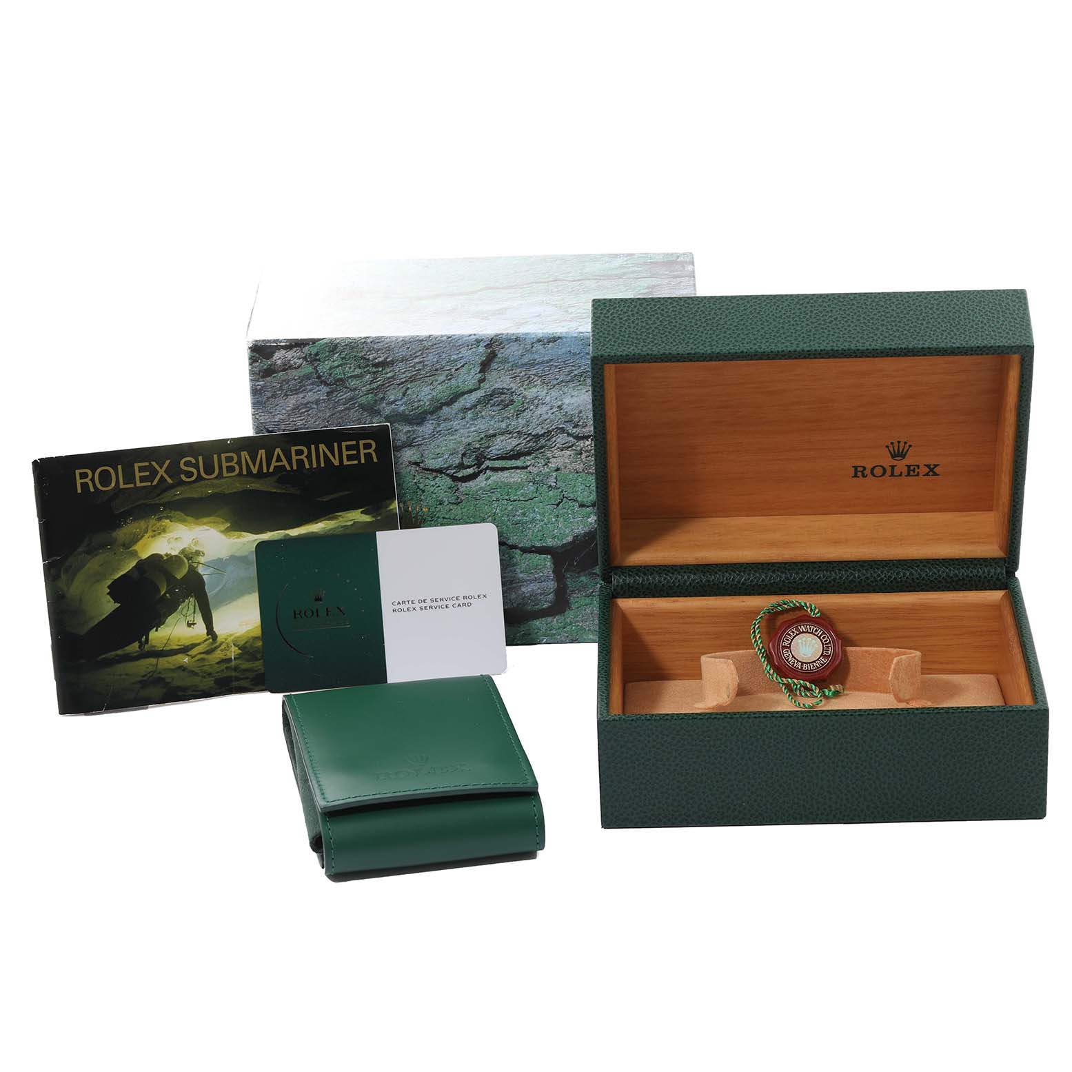 The image shows the Rolex Sea-Dweller 16600 Men's Stainless Steel Black Dial 16600 Men's Stainless Steel Black Dial packaging with an open green watch box, manuals, a cardholder, and a sealed tag.