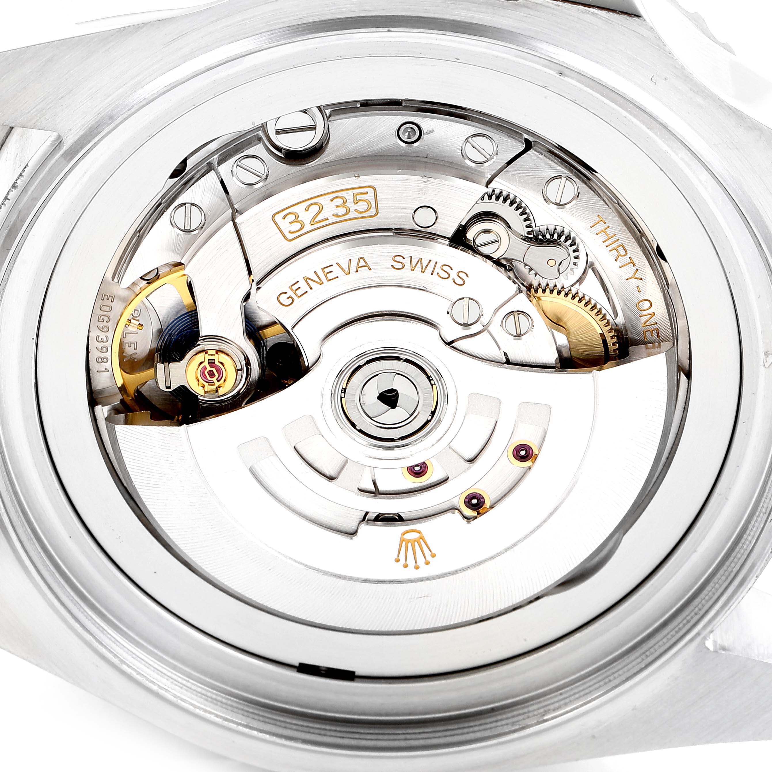 The image shows the movement mechanism of a Rolex Sea-Dweller 126660 Men
s Stainless Steel Blue Dial 126660 Men
s Stainless Steel Blue Dial watch, specifically the 3235 caliber viewed from the back.