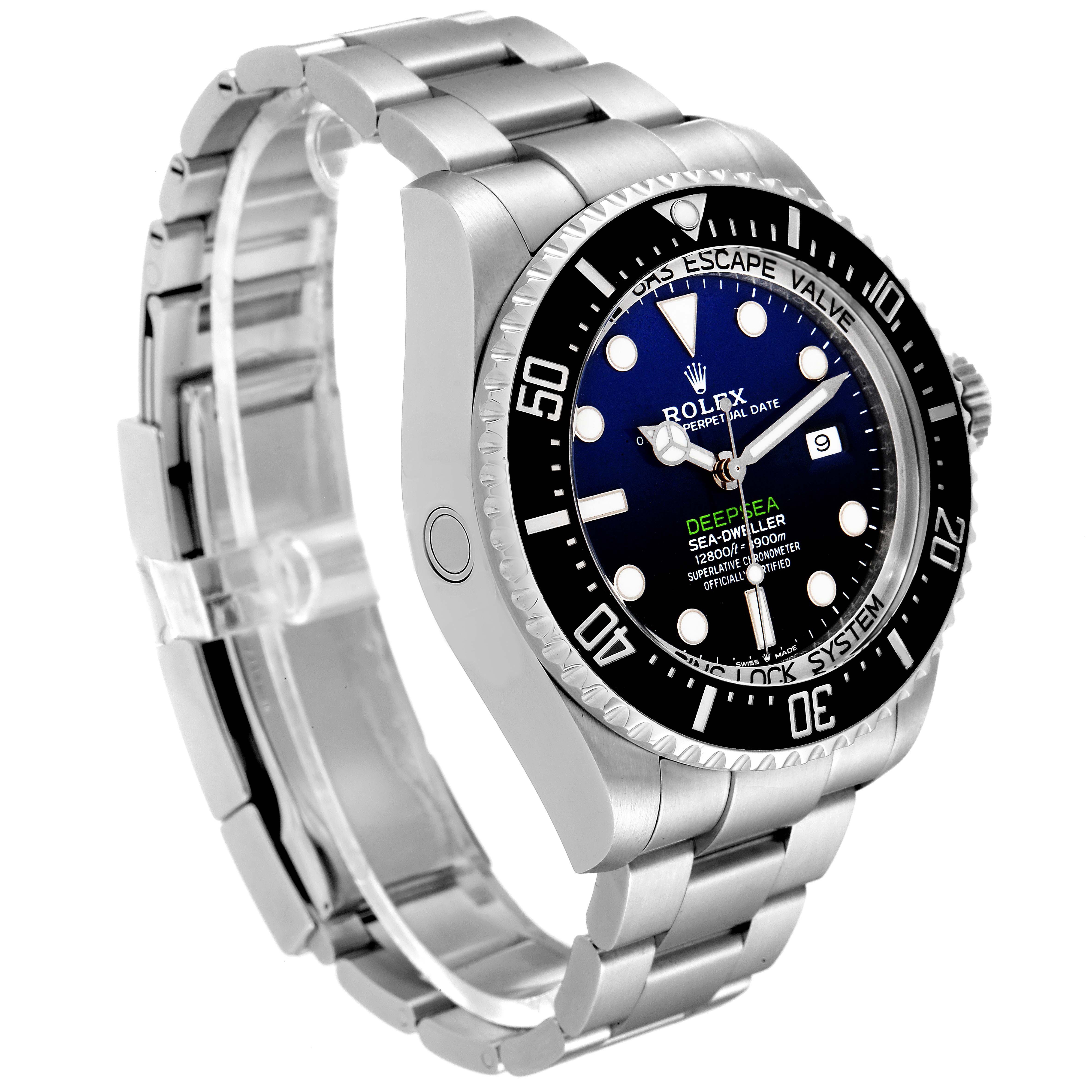 The image shows a Rolex Sea-Dweller 126660 Men
s Stainless Steel Blue Dial 126660 Men
s Stainless Steel Blue Dial watch at an angled side view, highlighting the bezel, dial, and bracelet.