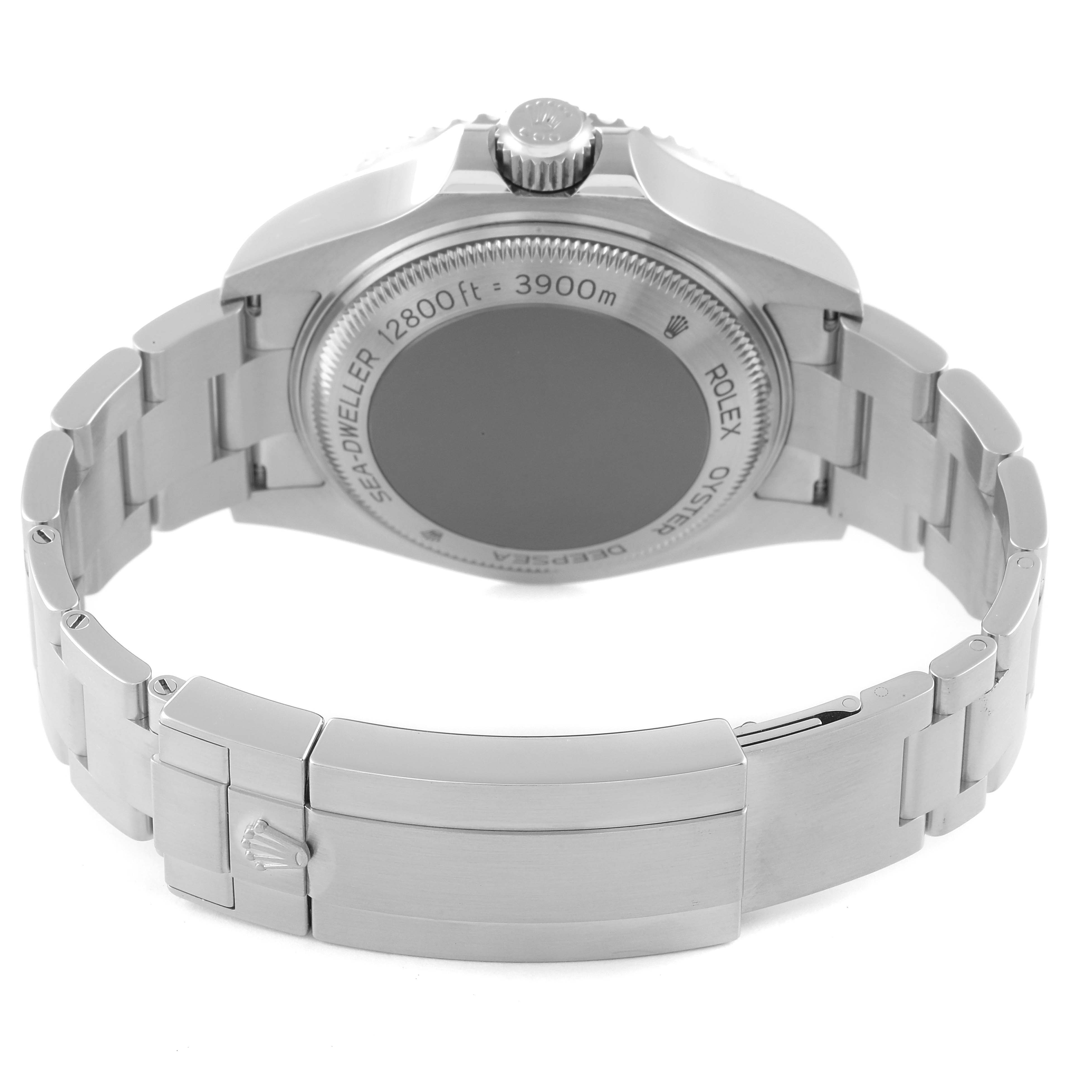 The image shows the back view of a Rolex Sea-Dweller 126660 Men
s Stainless Steel Blue Dial 126660 Men
s Stainless Steel Blue Dial watch, highlighting the case back, crown, and bracelet with the clasp.