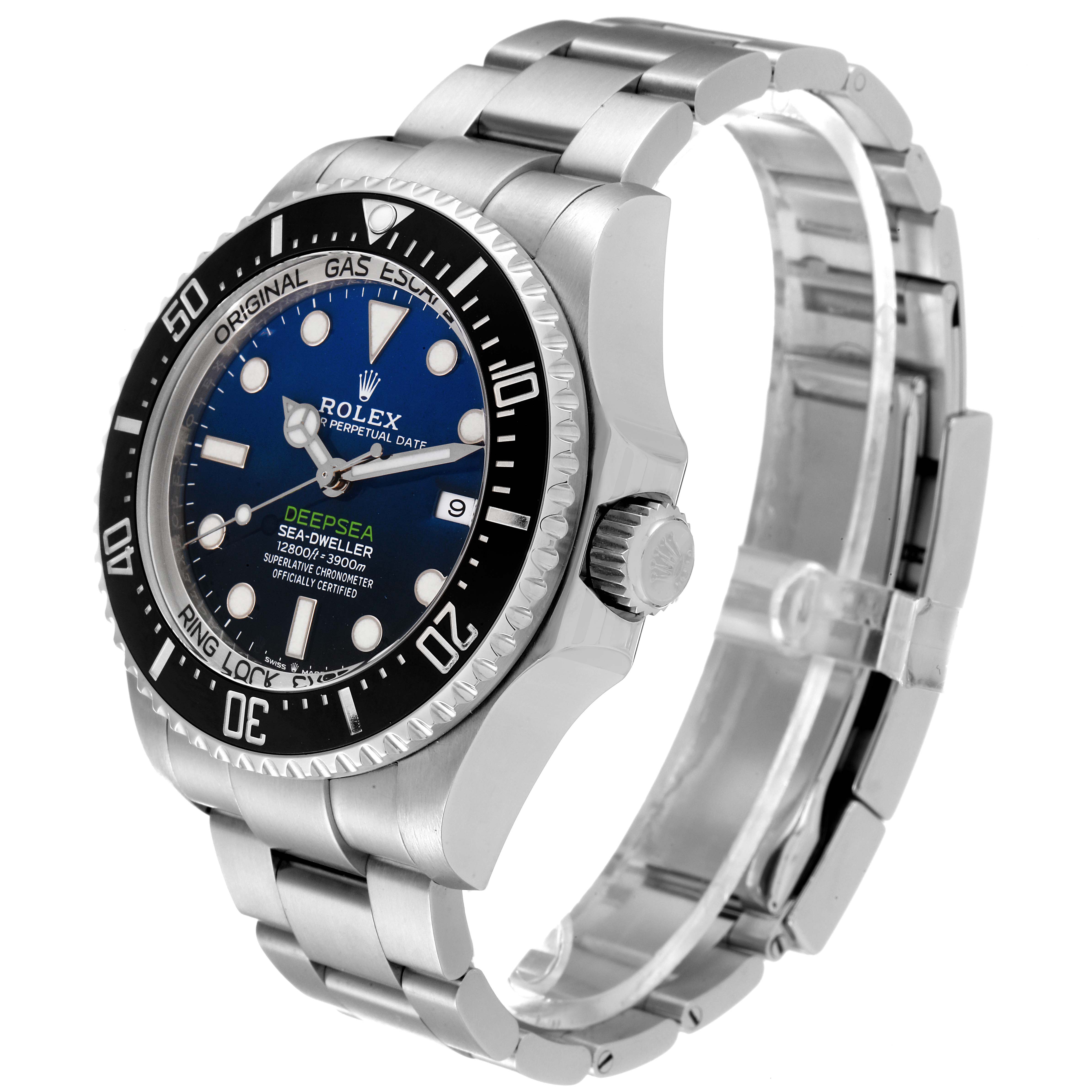 The Rolex Sea-Dweller 126660 Men
s Stainless Steel Blue Dial 126660 Men
s Stainless Steel Blue Dial watch is shown at a three-quarter angle, displaying the face, bezel, crown, and bracelet.